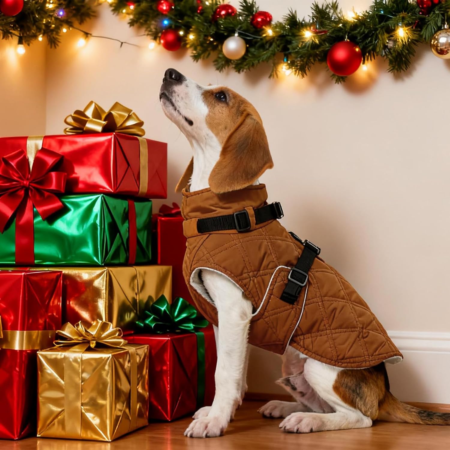 Kuoser Dog Coat Warm Fleece Lining Turtleneck Dog Jacket with Harness Built-in, Adjustable Windproof Cold Weather Coats with Quick Release Buckle Pet Winter Snowsuit for Large Dogs, Khaki XL - Image 7