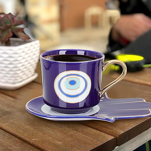 Miniatura 8 de Luxshiny Juego de tazas de café de ojo malvado taza de café turco de ojo azul con leche de agua, taza de té con amuleto de protección con plato de