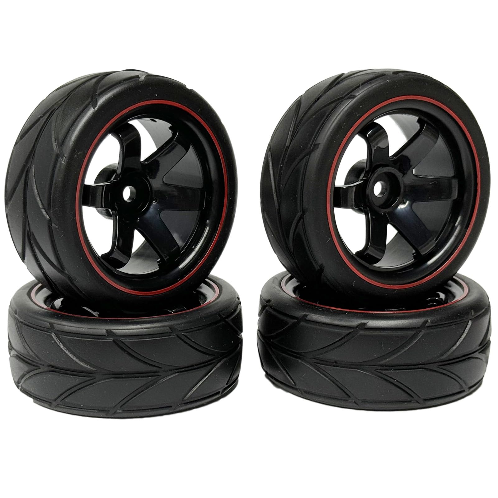 KINGCOO RC Car Tyres and Wheels Set, 4PCS 64mm Rubber Tires and Plastic 6 Holes Wheel Rims Set 12mm Hex for 1/10 RC On Road Run-flating Touring Racing Drift Car Tyre (Black Red) — image 1