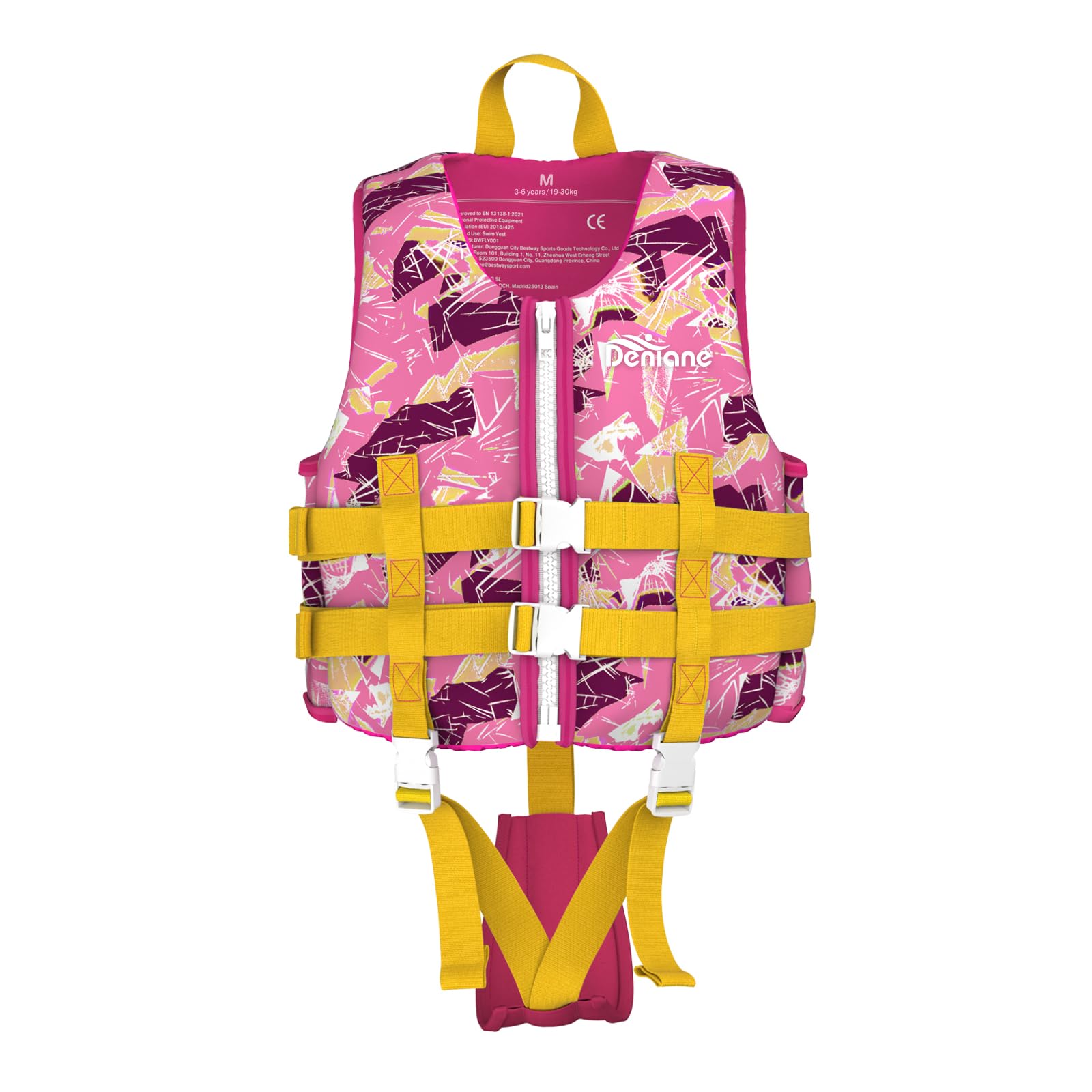 Denlane Giubbotto da nuoto per bambini in neoprene 2 ai 9 anni, Certificato TÜV - Bianco/Blu/Rosa