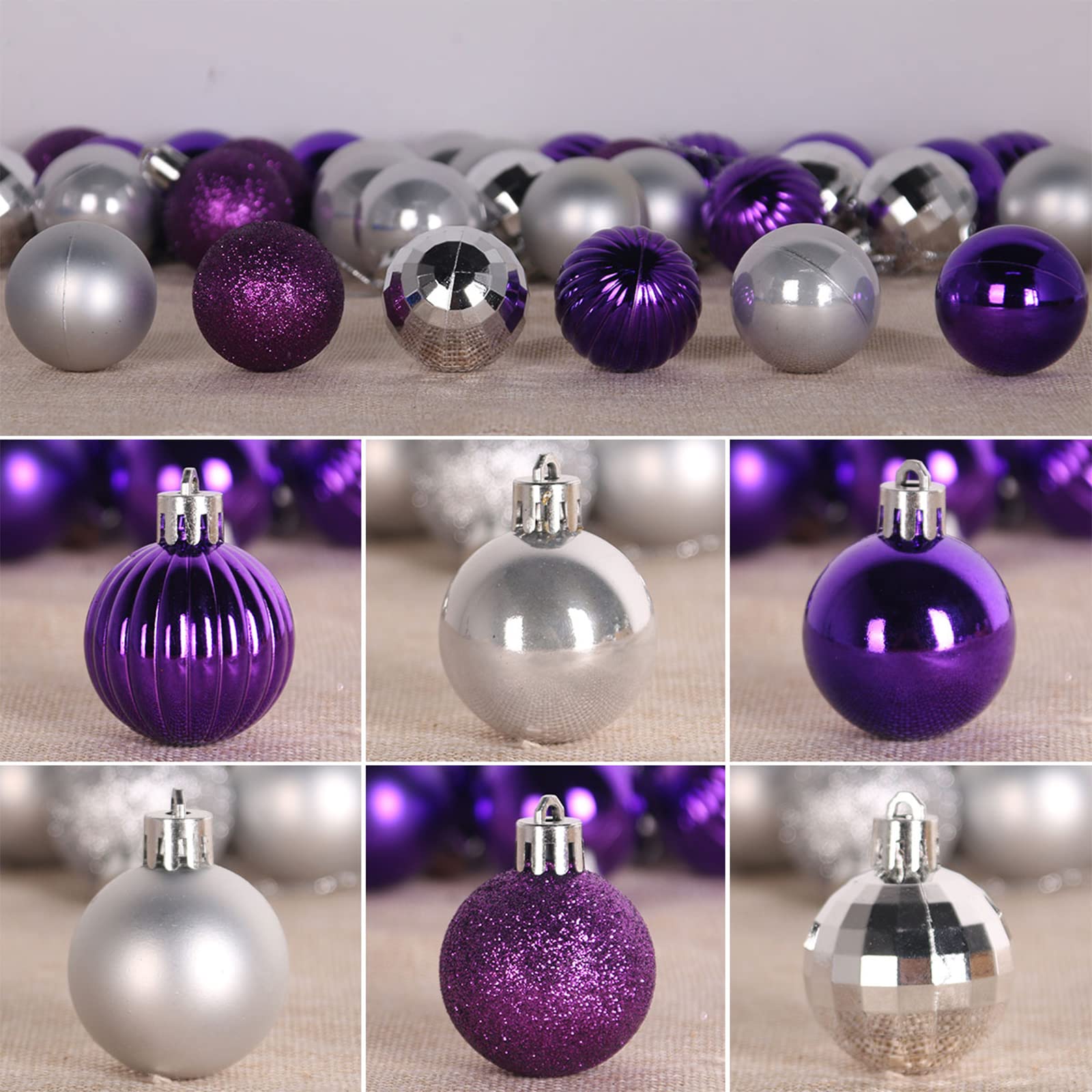 Lot de 36 boules de Noël violettes et argentées de 6,3 cm pour décoration de sapin de Noël incassables à suspendre pour la Saint Patrick, la Saint-Valentin, Pâques