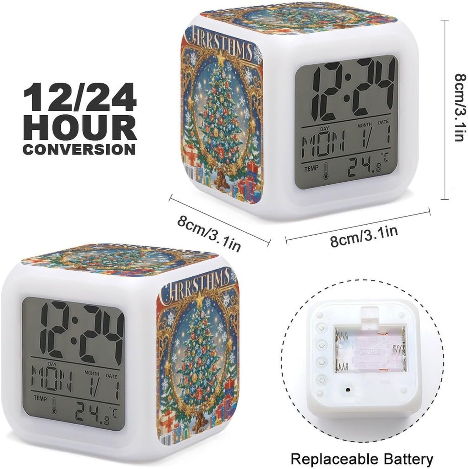 Christmas Puzzles Digital Alarm Clock with 7 Color Changing Wake Up Night Light with LED Temperature Date Display Battery Operated Gifts Room Decor for Home Bedroom image 2