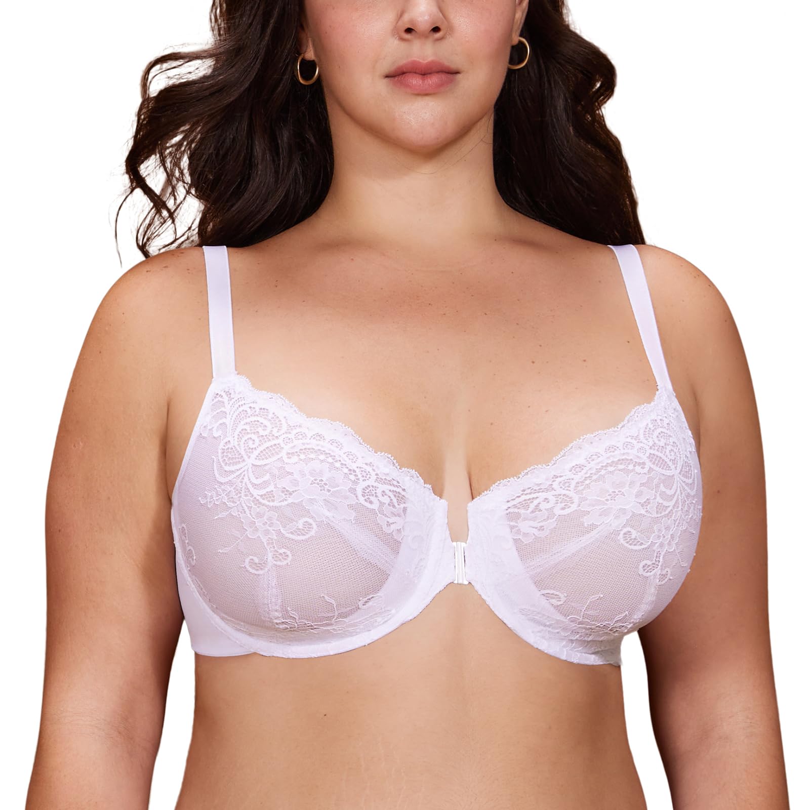 DELIMIRA Women's Front Fastening Bras Lace Unlined Full Coverage Plus Size Sheer Plunge Underwire Bra White 42D