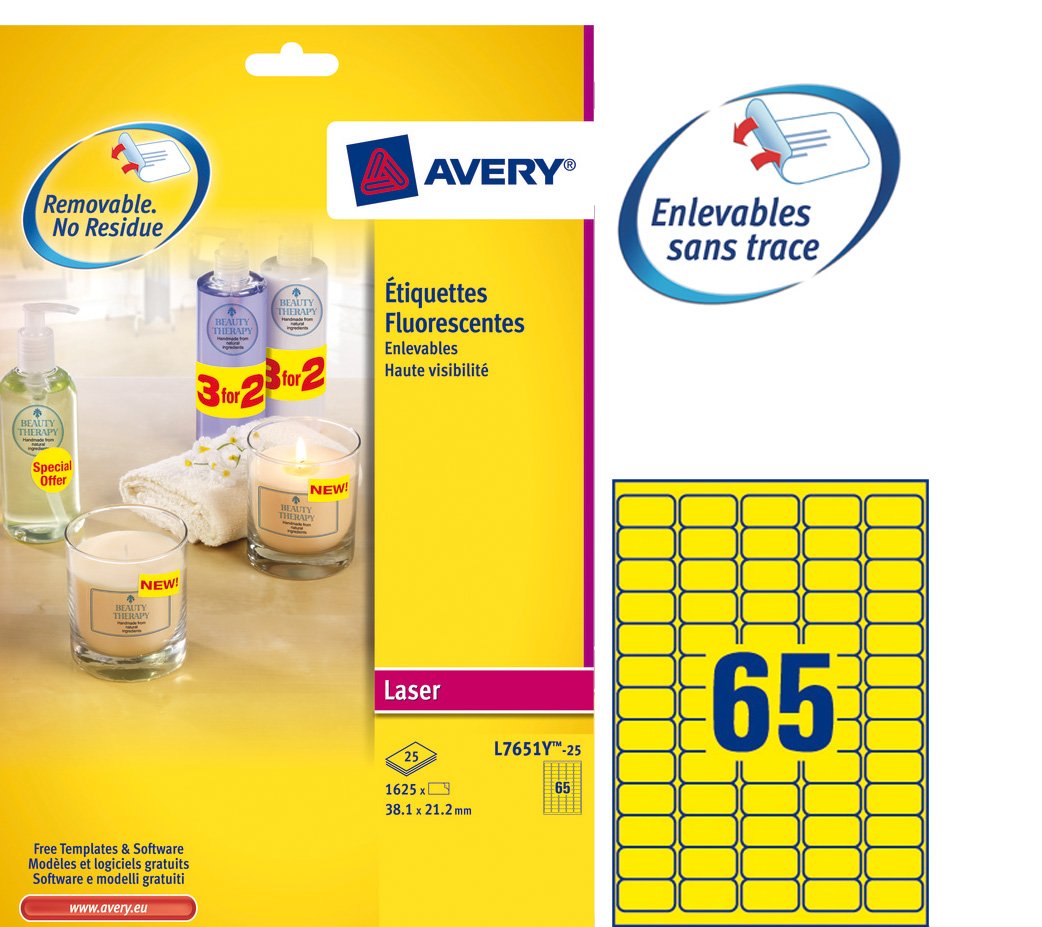 Avery L7651Y-25 Mini Etichette Fluorescenti, 65 Pezzi per Foglio, 25 Fogli, 38.1 x 21.2, Giallo