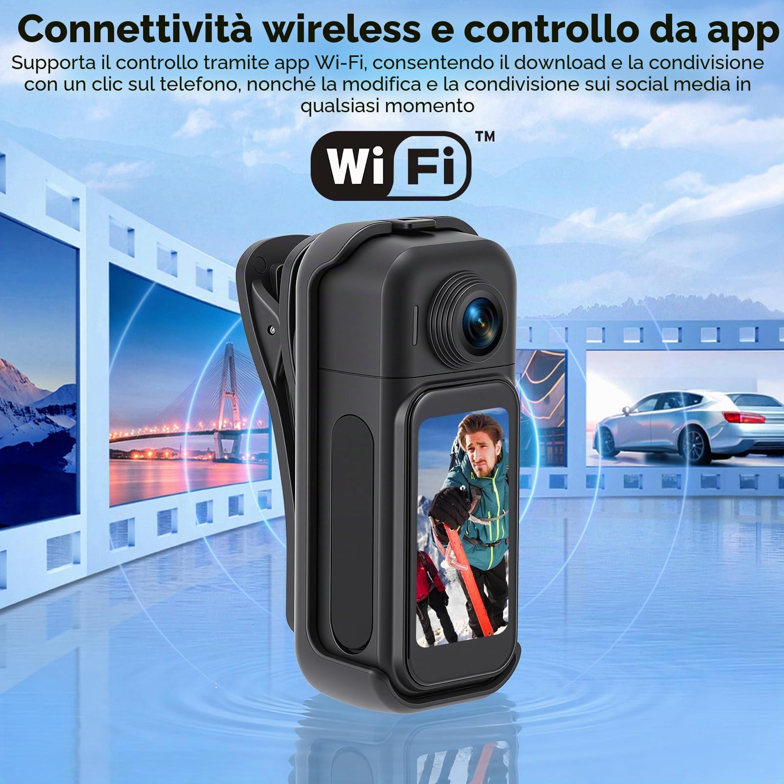Mini Action Cam WiFi 1080P, 360°, 64 GB, fotocamera sportiva HD con obiettivo girevole a 180°, touch screen, POV a mani libere, fotocamera subacquea impermeabile fino a 30 m, fotocamera per casco e
