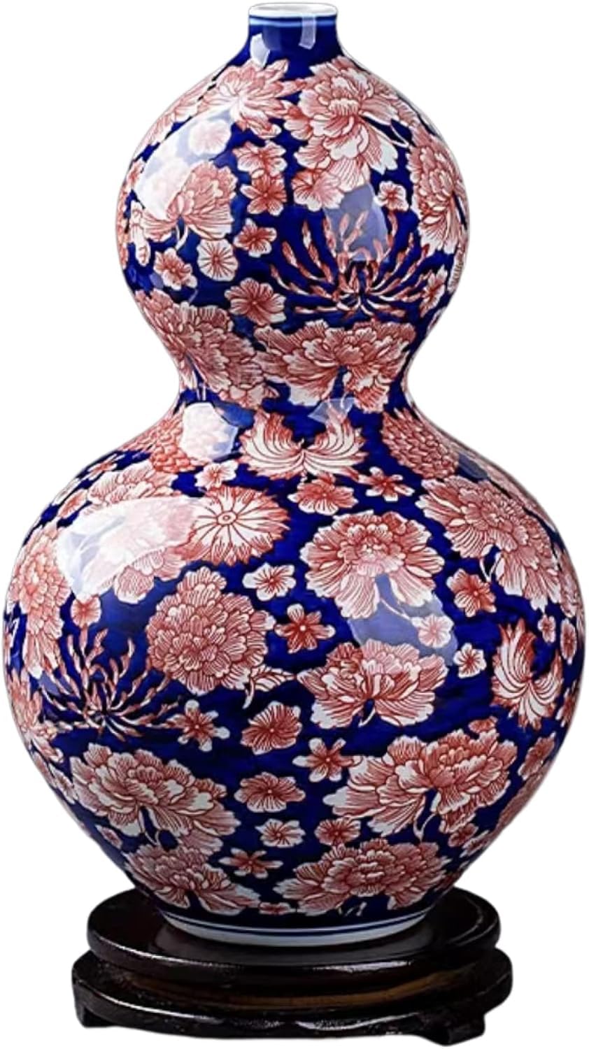 Vase Tabletop China Style Decorative Classic Ceramic Vases for Art Decoration Chinese Retro Porcelain with Peony Painting 32.6×19.6cm