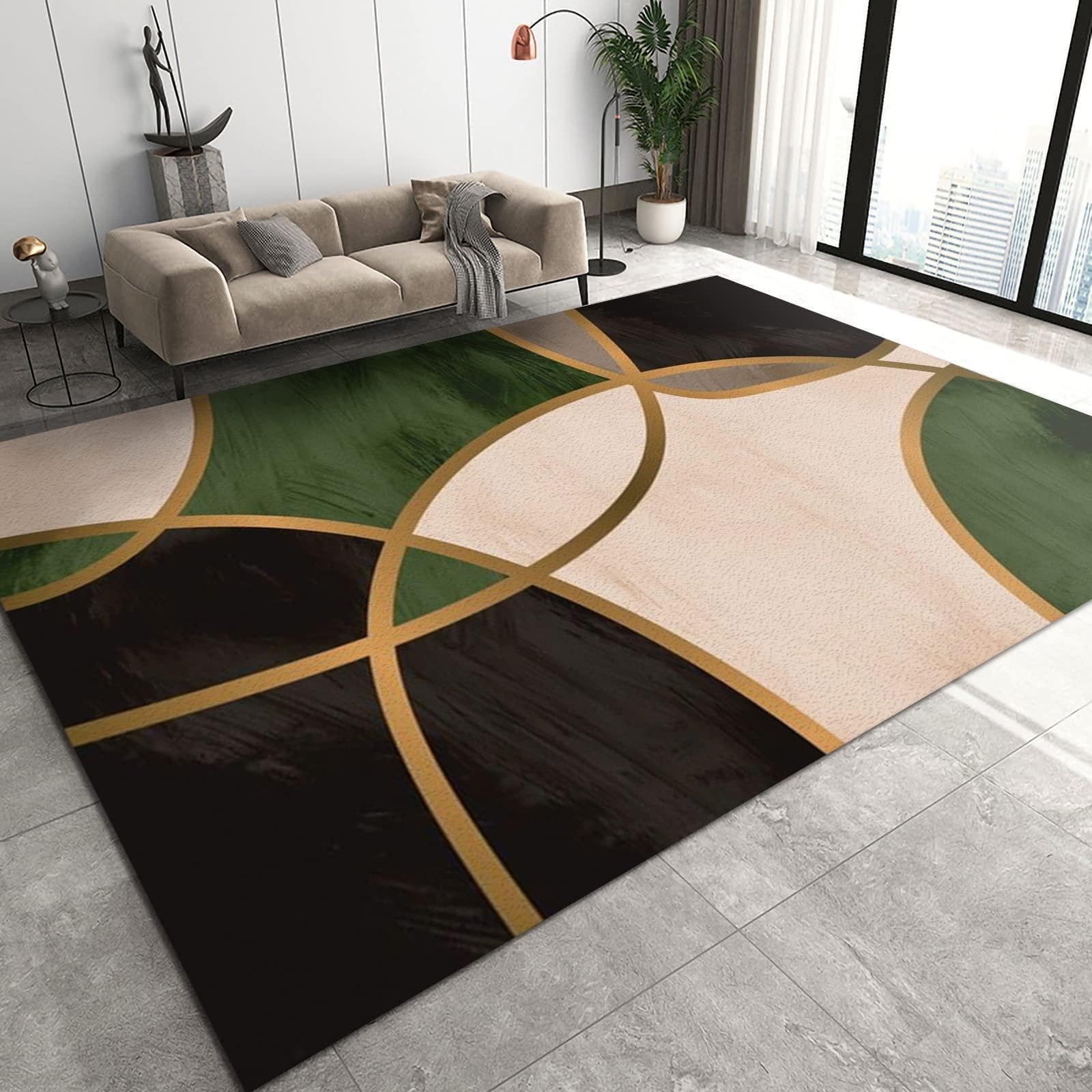 Nordic Light Luxury Art Area Rugs, Modern Abstract Emerald Green Black Gold Geometry Carpet, Non Slip Backing Low Pile Shed-Free Washable Mat for