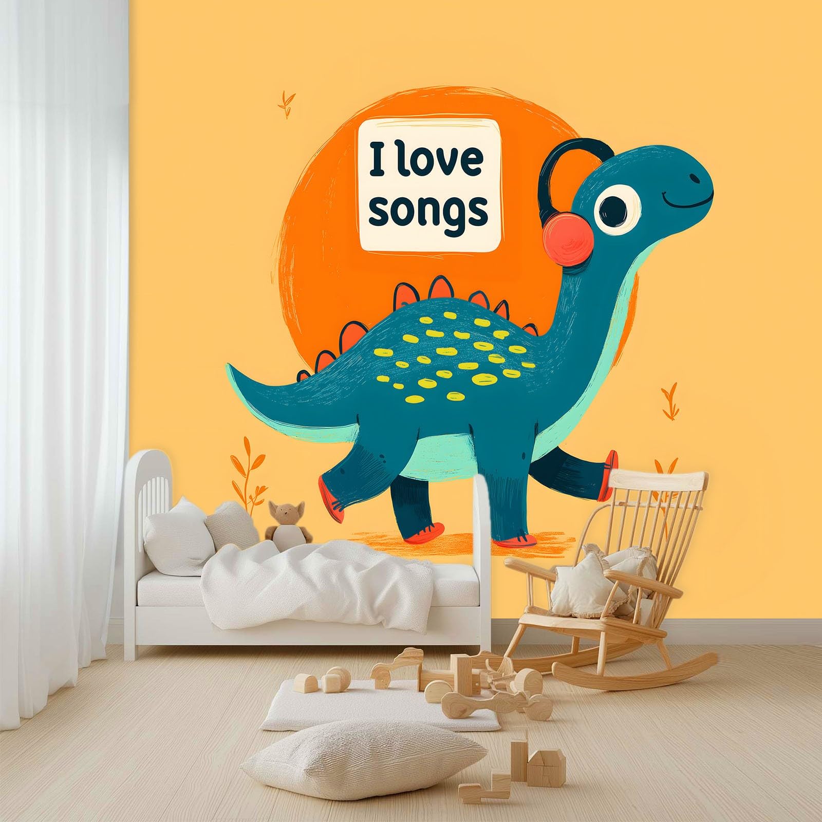 Fototapeta tapeta motyw muzyczny kreskówka słuchawki dinozaur dekoracja ścienna do salonu sypialni, żółta włóknina mural do pokoju dziecięcego biura papier fotograficzny plakat 350 x 256 cm