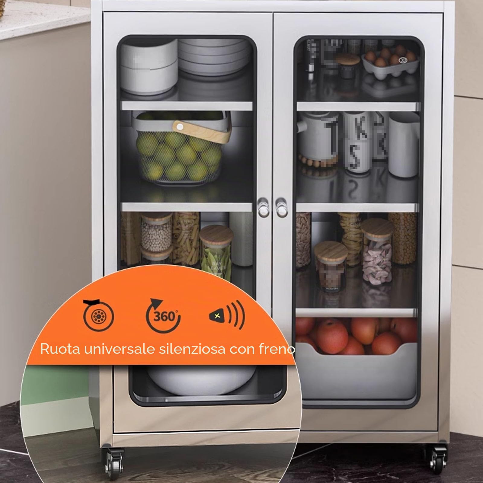 Armadio dispensa in acciaio inox con porta in vetro, ripiani regolabili e ruote per sala da pranzo, soggiorno, lavanderia, 1060 x 600 x 400 mm