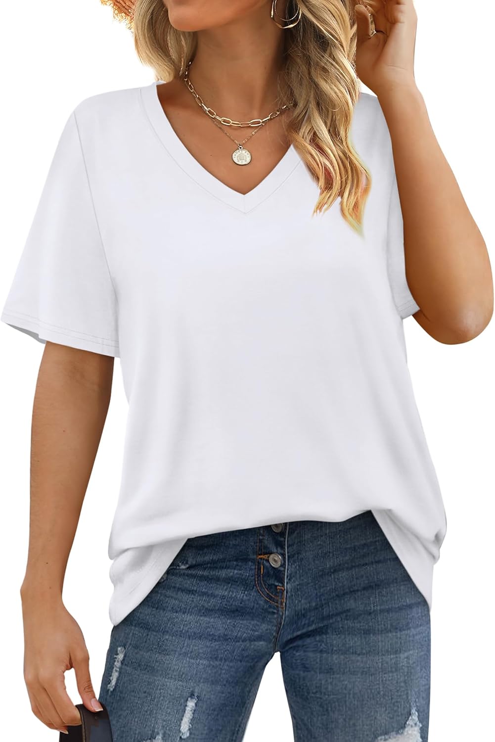 Aokosor Womens V Neck Short Sleeve T Shirts Summer Tops 2025 Casual Loose Tees Trending Now S-4XL - Image 3