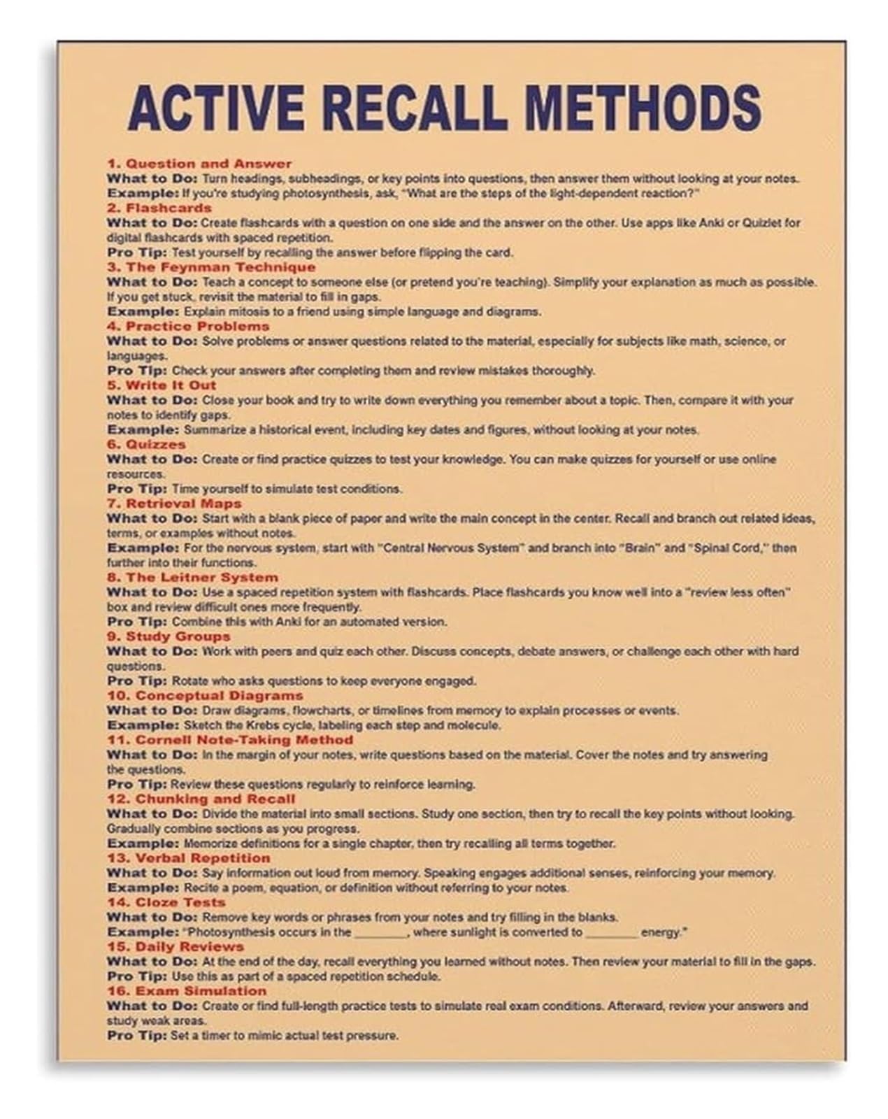 XTVVTODJXT Exam Preparation Poster Active Recall Study Methods Canvas Wall-Art for Student Room Decor(Unframed,08x12inch(20x30cm))