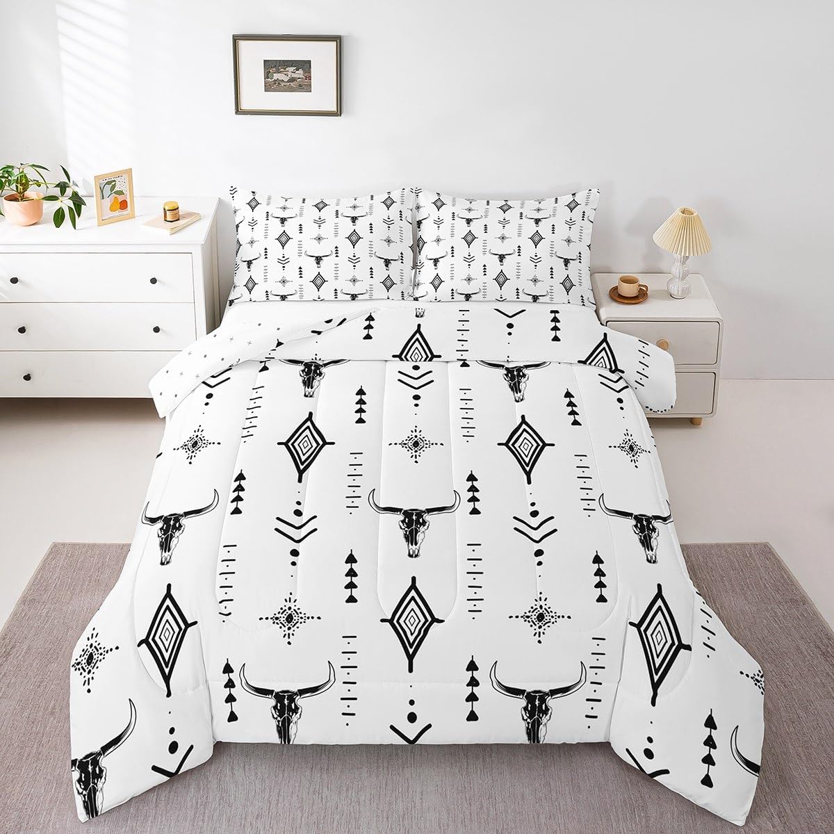 Erosebridal Western Aztec Comforter Set Queen Size Bull Skull Bedding Set for Teens Young Boho Cow Head Comforter Geometric Minimalist Art Bedroom Decor Abstract Horns Black White Duvet Quilt