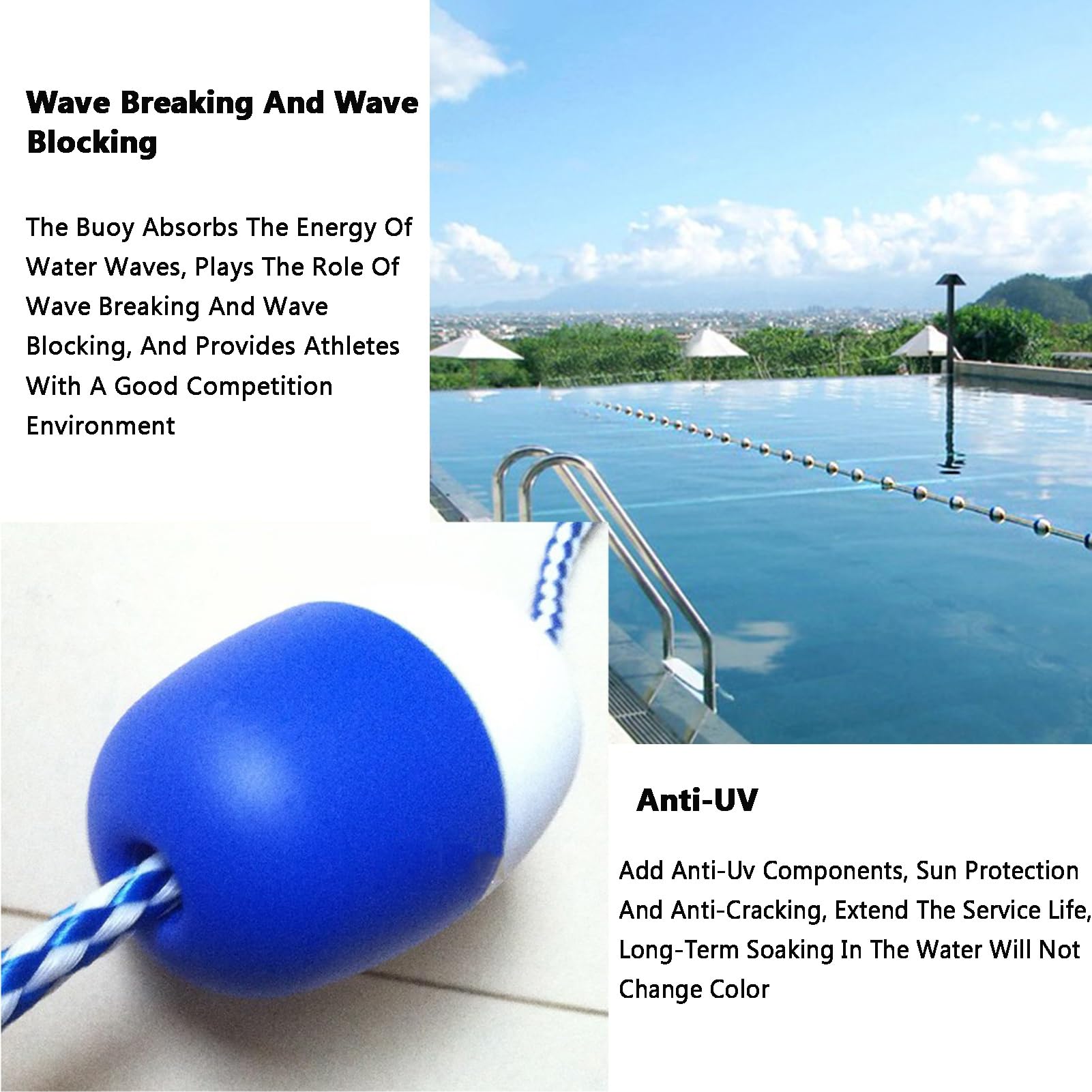 Divisores de carril de piscina azul y blanco, cuerda de boya de seguridad duradera con 2 ganchos, valla flotante para piscinas, playas y vías fluviales, equipo divisor de piscina esencial