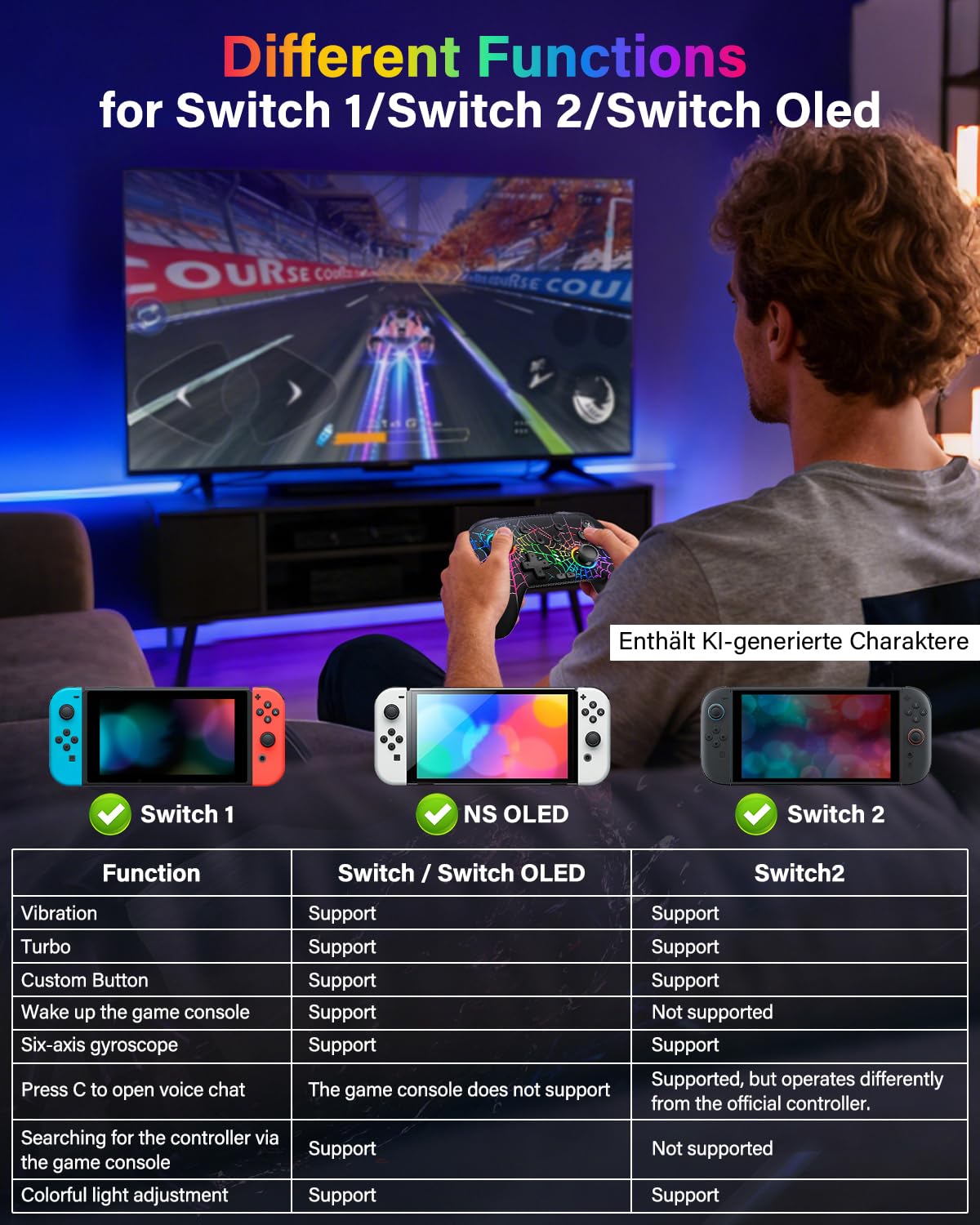ZRZLMVP Switch Pro Controller für Switch/Switch 2/Oled/Lite - 1000 mAh Wiederaufladbar Wireless Switch Controllers mit 9 RGB Licht, Programmierbar, Wake Up Funktion, Turbo, Vibration - Spinngewebe