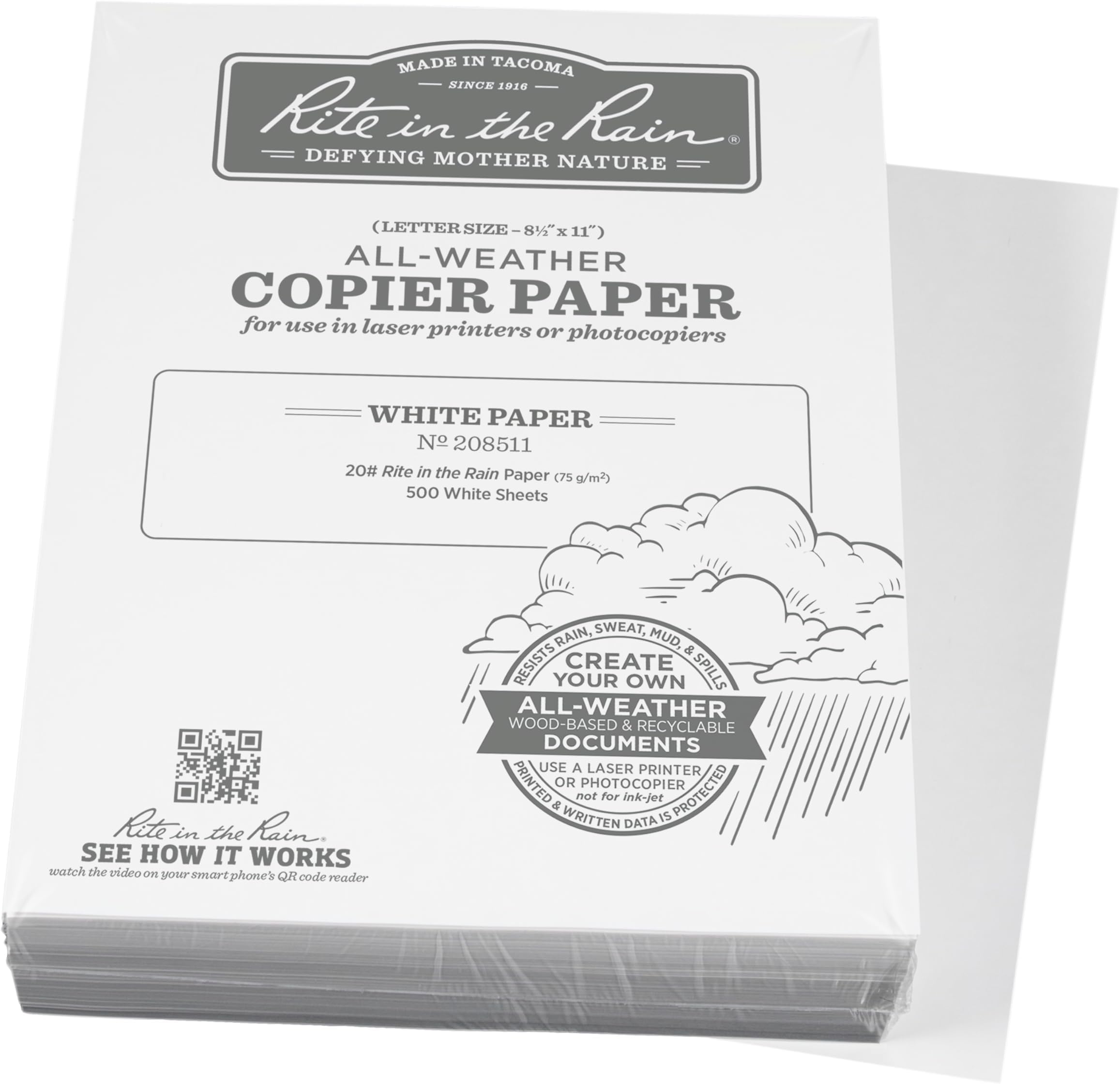 Rite in the Rain Weatherproof Bulk Copier Paper,8.5" x 11",20# White,500 Sheet Package (No. 208511X),(Pack of 6)