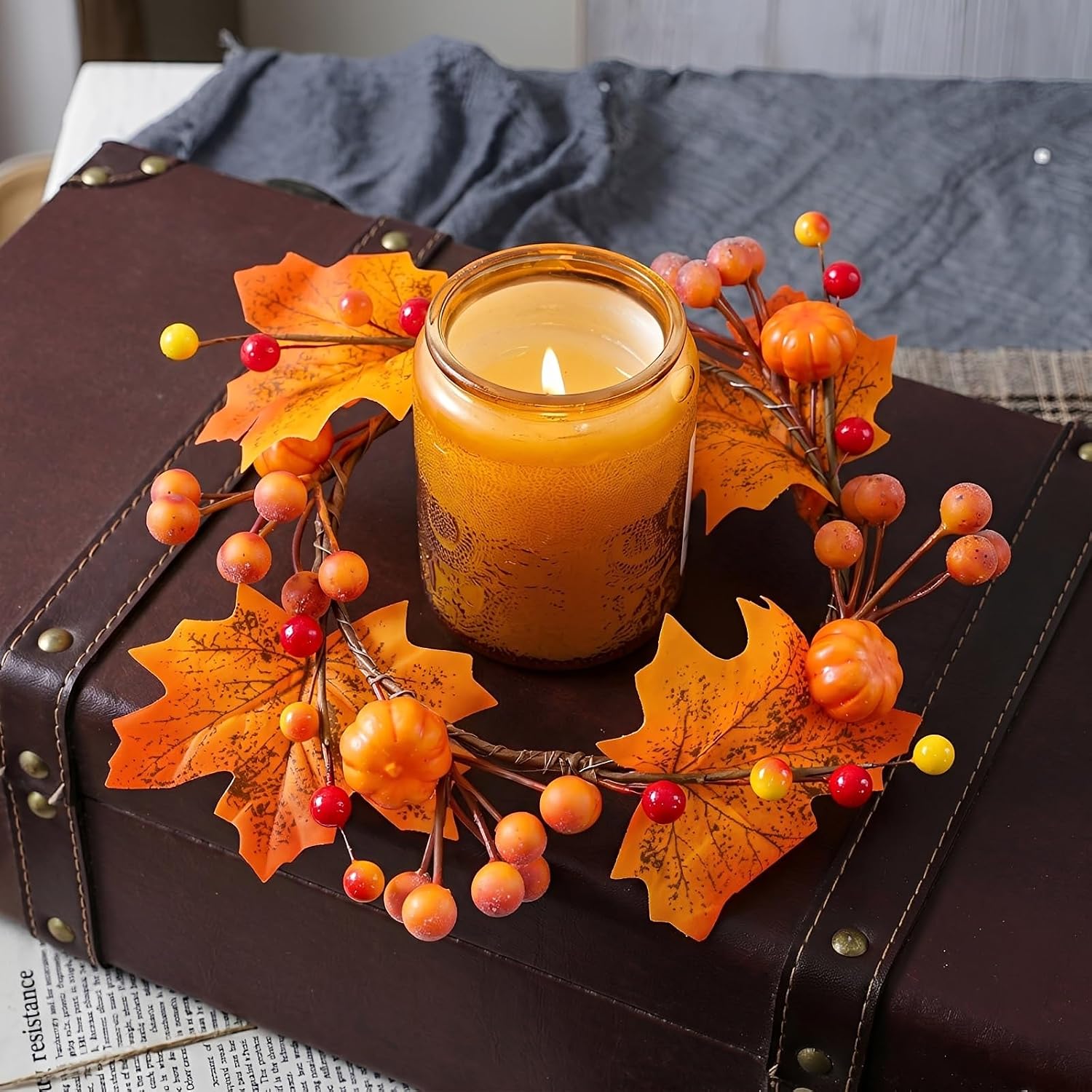 Fall Maple Pumpkin Candle Ring Wreath Thanksgiving Halloween Decoration