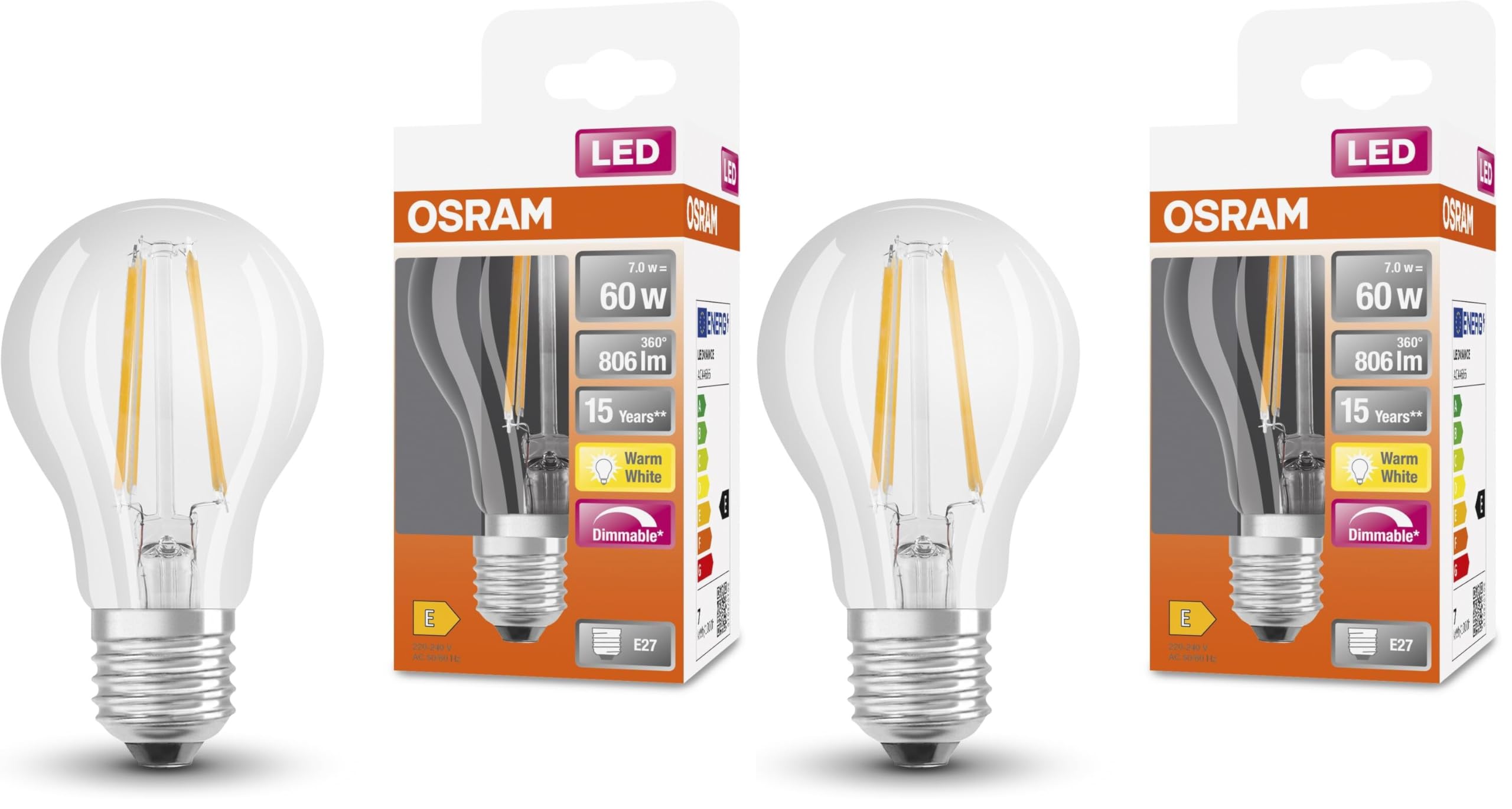 Osram LED SuperStar Classic A60 Dimmbare LED Lampe für E27 Sockel, Birnenform, FIL, 806 Lumen, warmweiß (2700K), Ersatz für herkömmliche 60W Glühbirnen, 1er-Pack (Packung mit 2)