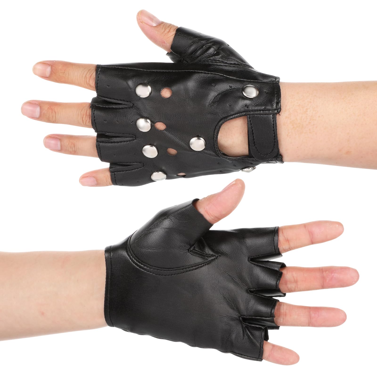 Styquenzer Black Leather Punk Style Gloves, Gothic Fingerless Gloves Men Women, Fingerless Dancing Mittens Steampunk Retro Punk Glove for Men Women