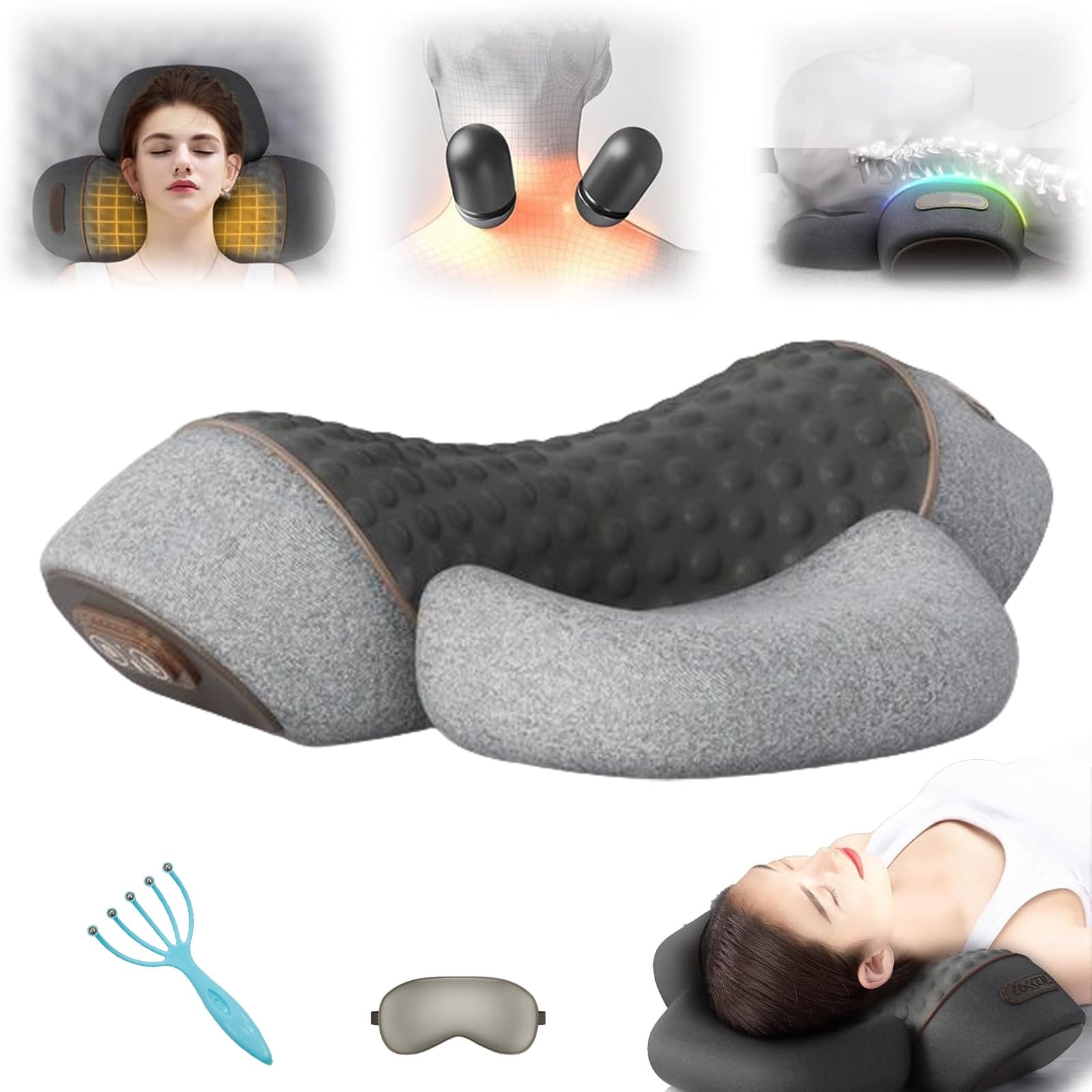 Yagerod Grey Fisiorest 3 In 1 Neck Massager, 3 In 1 Neck Massager Pillow, Relief Massager For Neck, Deep Massage And Relaxation, With Heat, With Traction For Sleep Aid(Gray)