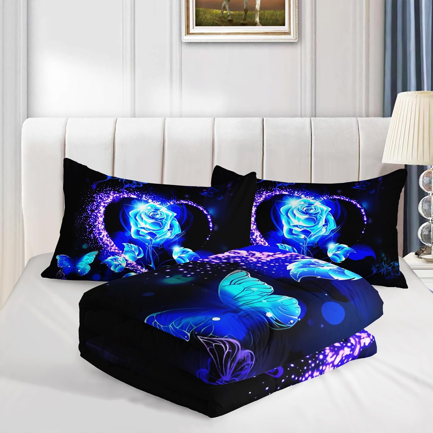 HOSIMA Mystery Blue Rose Comforter Set Queen Size,Romantic Rose Floral Bedding Set for Women Girls Room Decor,Love Flash Butterfly Comforter Set Aesthetic Bedding with 2 Pillowcases.