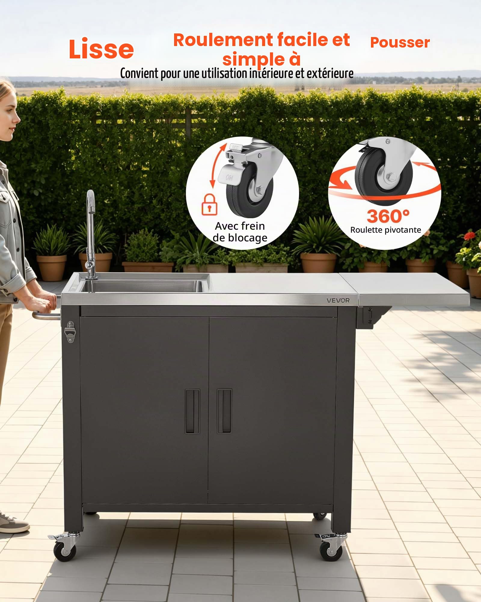 VEVOR Desserte Plancha 132 cm Chariot de Barbecue avec Évier et Placard, pour Jardin Terrasse Cuisine en Plein air, Plan de Travail Mobile pour Extérieur Plateau en INOX, Table de BBQ avec Extension