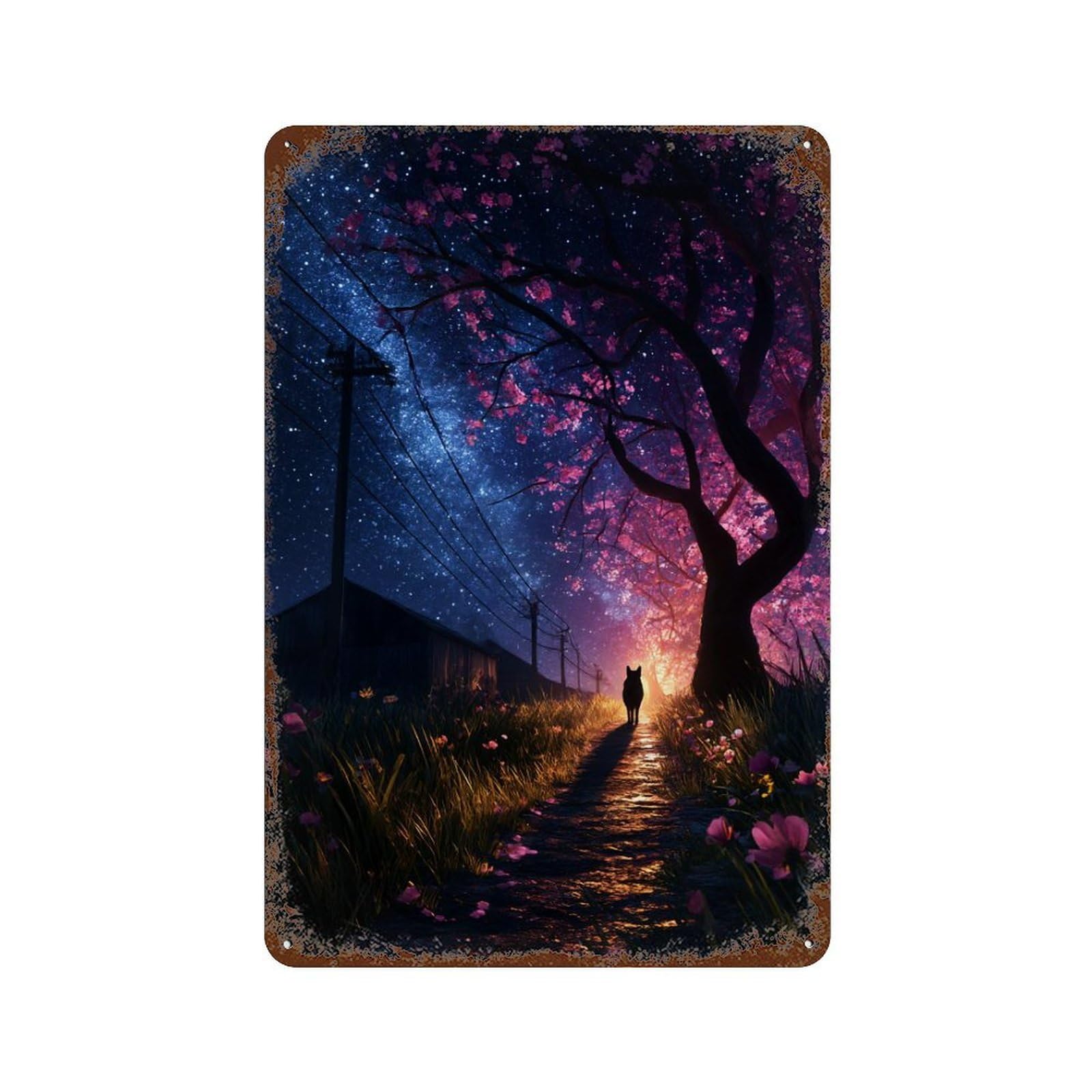 Cherry Blossom Night Pathway 11.8"x7.9" Vintage Rust Metal Sign, Novelty Wall Decor for Living Room, Hallway And Home Decor