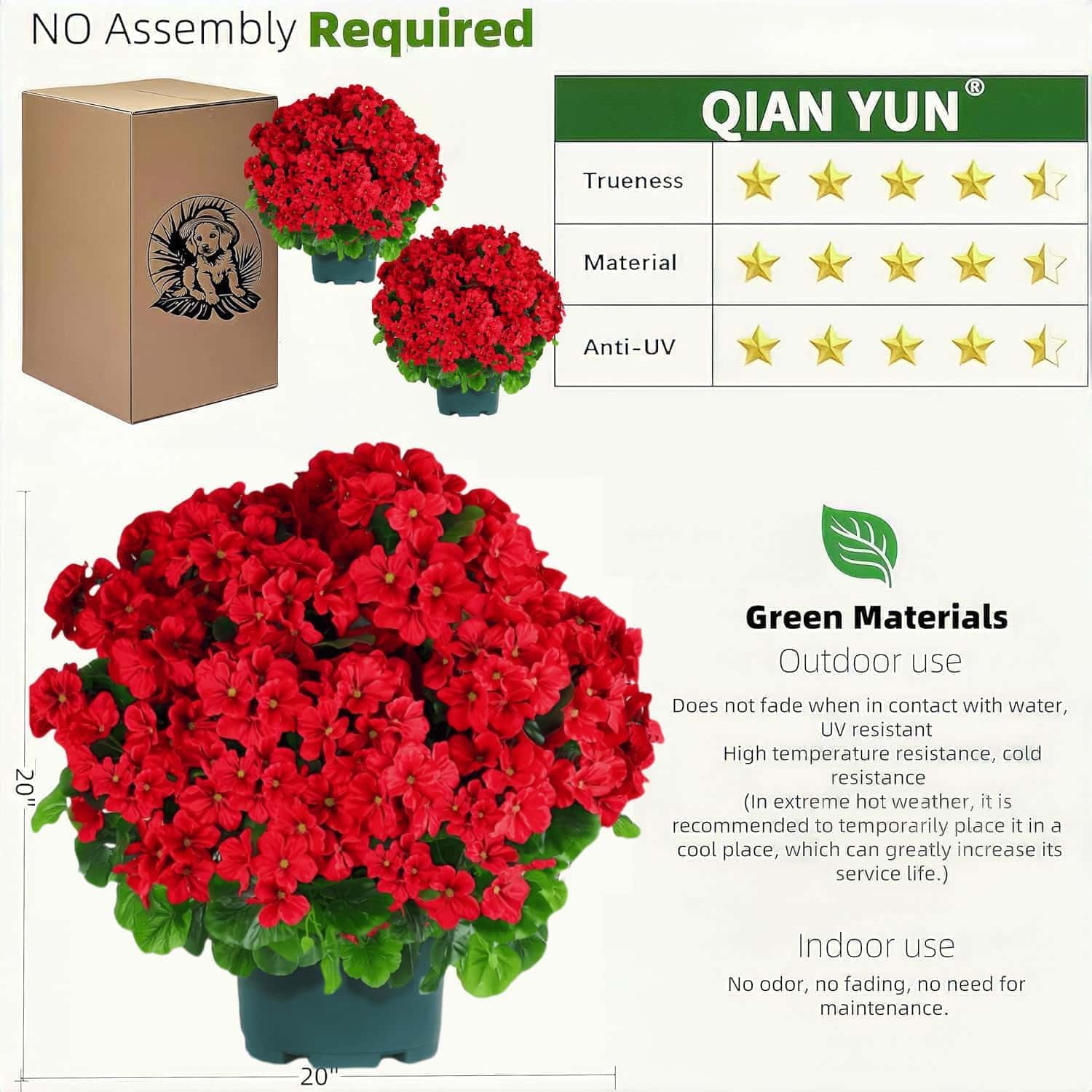 QIANYUN Artificial Topiary for Outdoors- 20” Potted Plant Fake Geraniums Bush-UV Resistant Artificial Outdoor Plant for Front Porch, Garden, Yard, Patio Decor (Red) - Image 2
