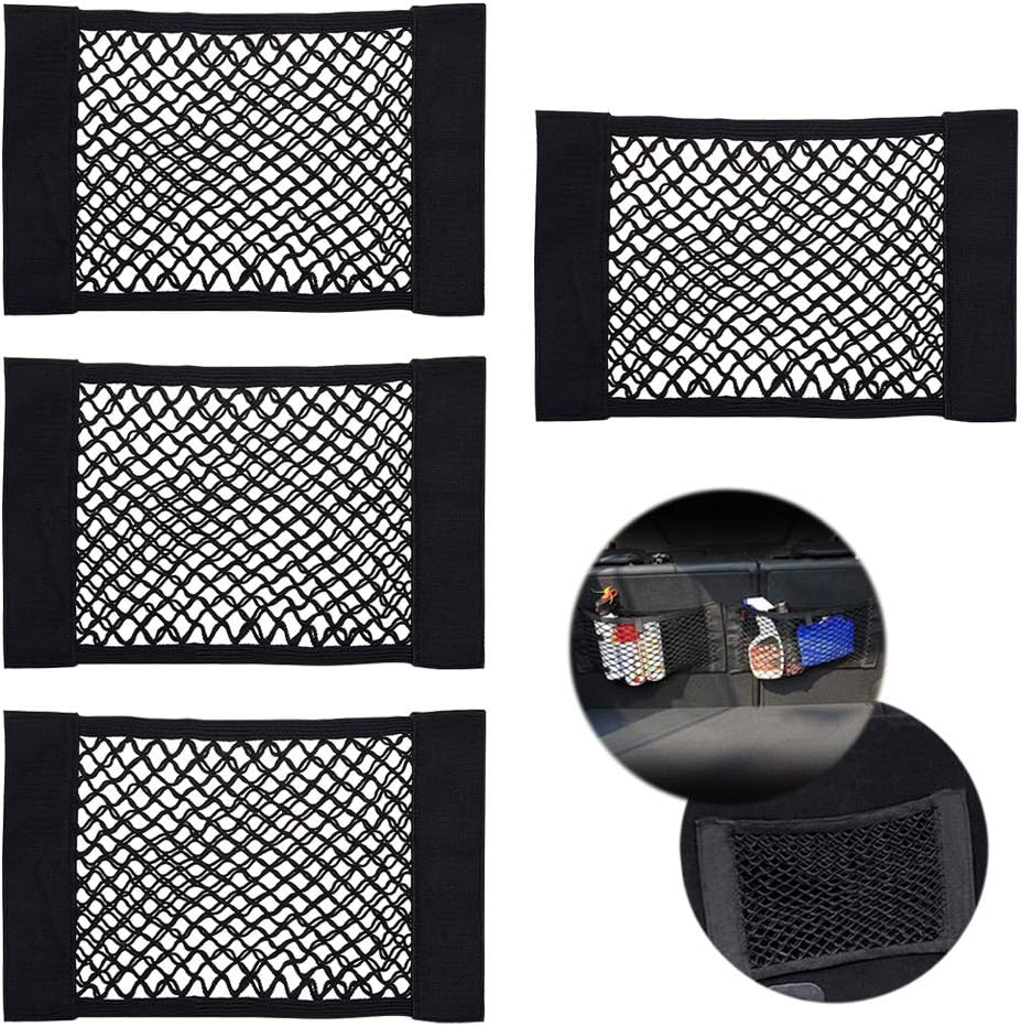 4 Pack Car Storage Net, Universal Black Mesh Trunk Cargo Side Back Seat Organizer, Nylon Stick-on Wall Sticker Pouch Bag Auto Accessories Fit for Fluff Surface (15 inchx 10 inch)