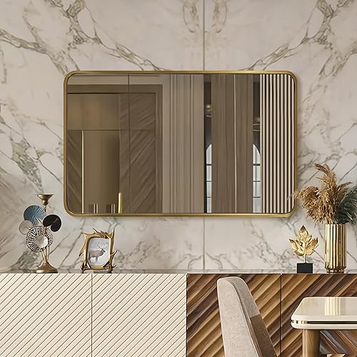 ANDY STAR Espejo de baño dorado cepillado de 48 x 30 pulgadas, espejo de tocador de baño de latón redondeado, SUS304, espejo de marco de metal