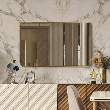 ANDY STAR Brushed Gold Bathroom Mirror 48X30, Brass Bathroom Vanity Mirror Rounded Rectangle, SUS304-Anti-Rust Metal Frame Mirror, Wall Mounted Horizontal/Vertical 1 Deep