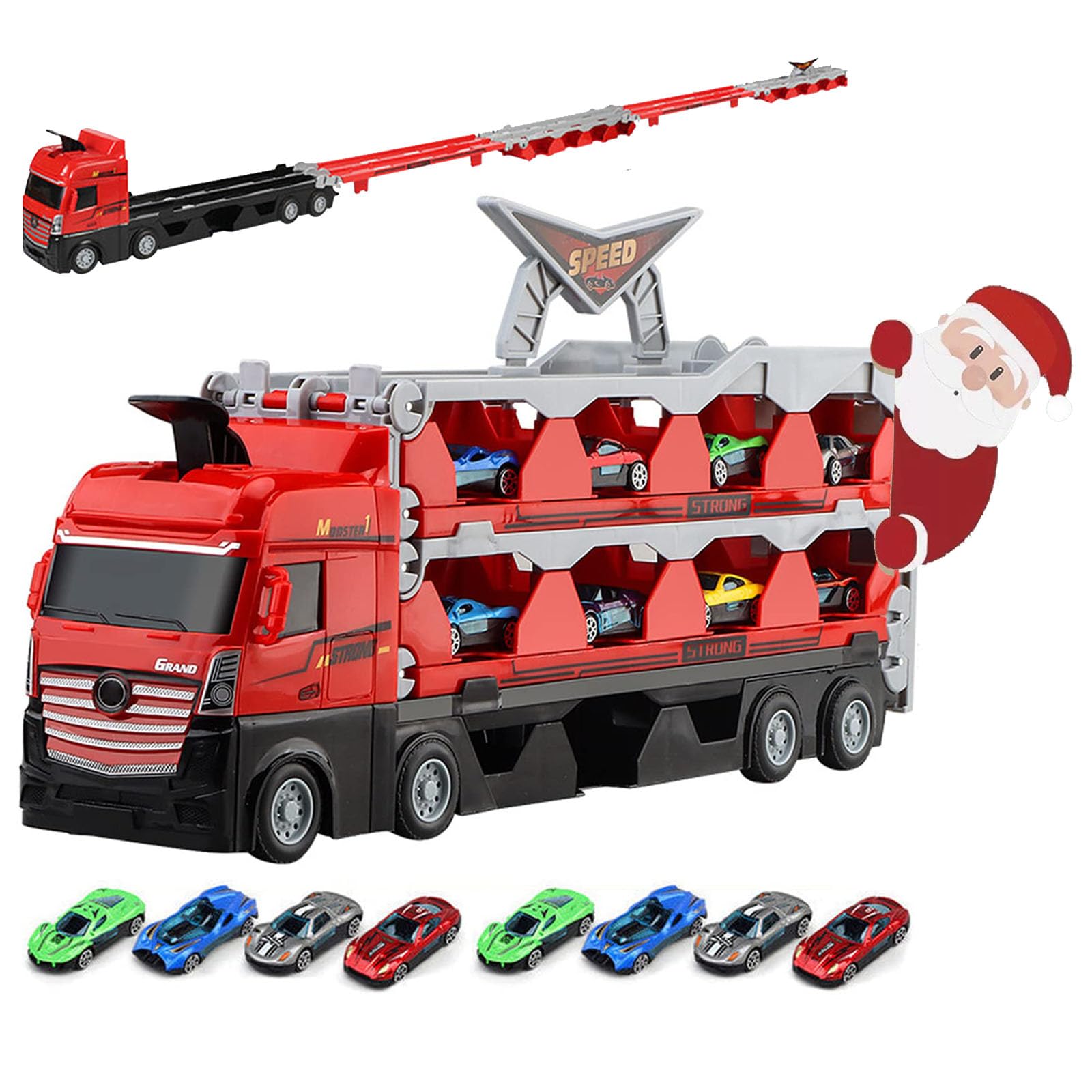 Varyhoone Mega Hauler Truck With Ejection Race Track,Folding Race Car Hauler Truck,Mega Hauler Truck,Car Transporter Toy Truck,Truck Carrier Toy For Boys Girls 3 Year Old+ (8pcs)