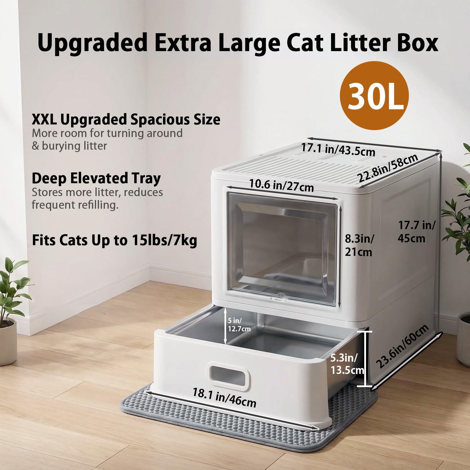 Marchul XXL Arenero grande para gatos de acero inoxidable con tapa y diseño de cajón, paredes laterales altas con protección contra salpicaduras, bandeja profunda con pala y alfombrilla, Eruchsneutral