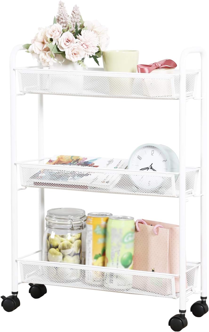 DESIGNA Rolling Household Trolley Cart, 3 Tier Slim Utility Carts with Steel Wire Shelves, Mesh Storage Cart with Easy Moving Wheels for Home Kitchen Bathroom, Multi-Function, White