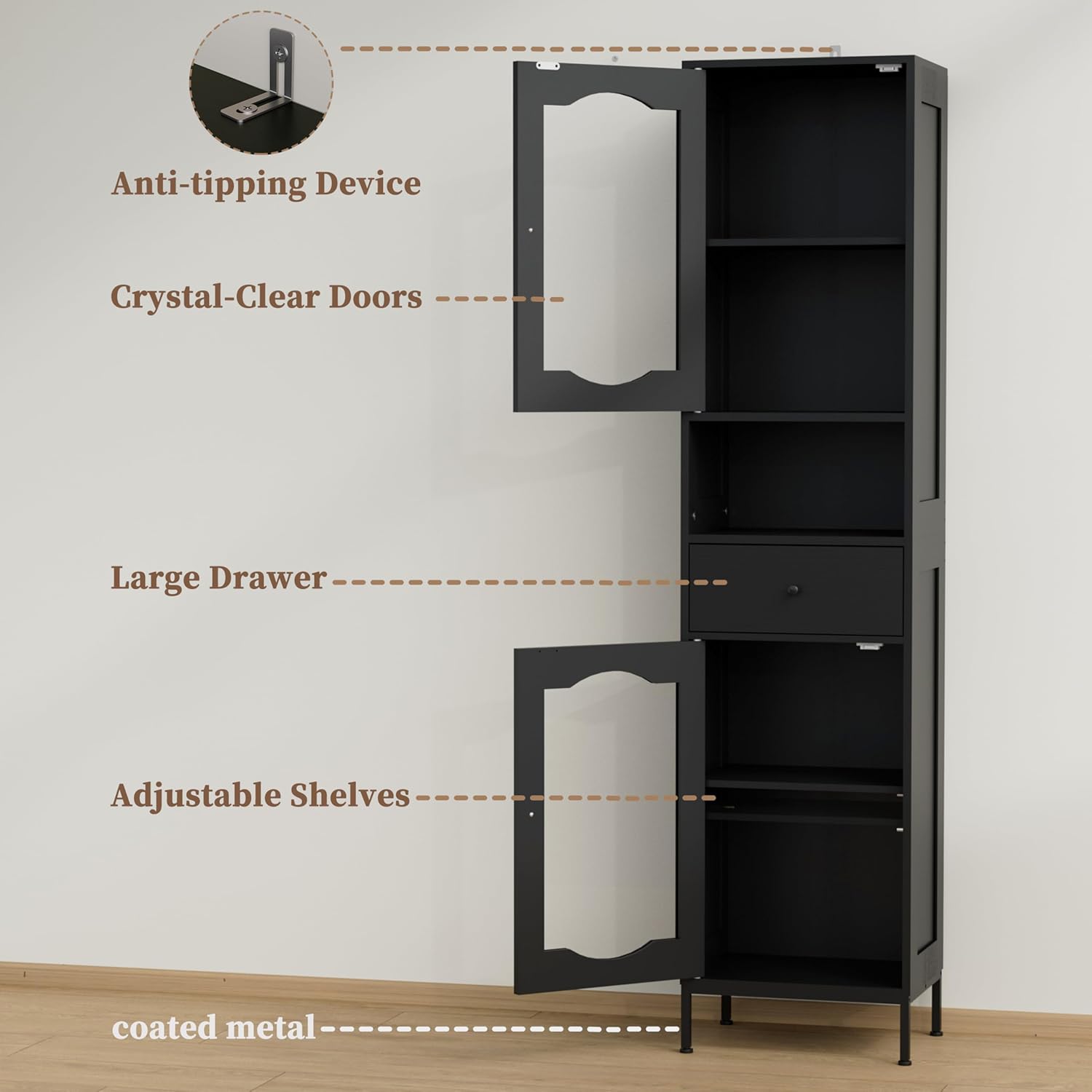 66.4" Tall Bathroom Storage Cabinet with Adjustable Shelves and Glass Doors, Anti-Tipping Narrow Cabinet, Linen Cabinet for Bathroom, Kitchen, Living Room, Black