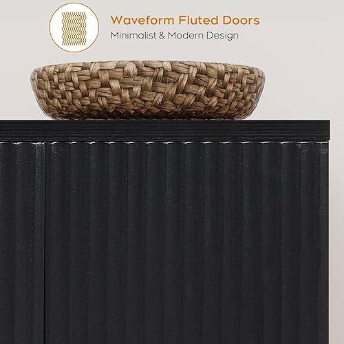 Vista 3 de Yechen Armario de buffet acanalado negro con almacenamiento y 4 puertas, armario de almacenamiento Mordern Credenza con estantes ajustables, mesa