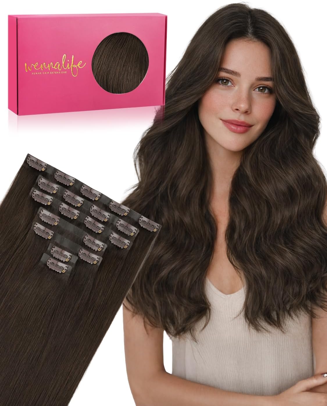 WENNALIFE Seamless Clip in Extensions Natural Hair, Light Dark Brown 50cm 150g 7 Pieces Seamless Extensions Natural Hair Clip in Remy Human Hair Extensions Natural Invisible Clip In