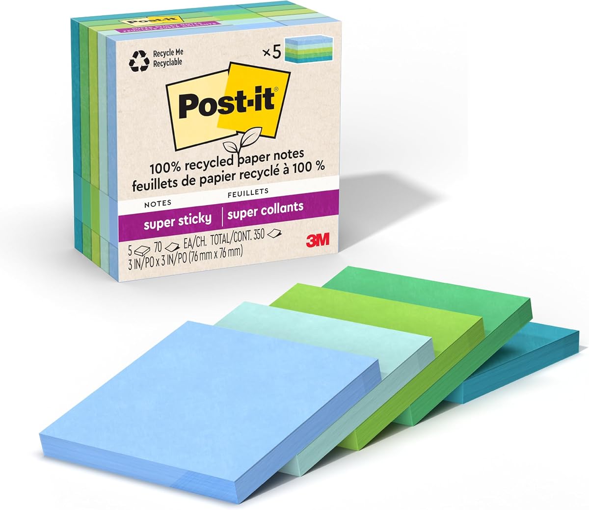 100% Recycled Super Sticky Notes, 3 x 3 in, Pastels, 12 Pads | School Supplies and Office Products, 2X the Sticking Power