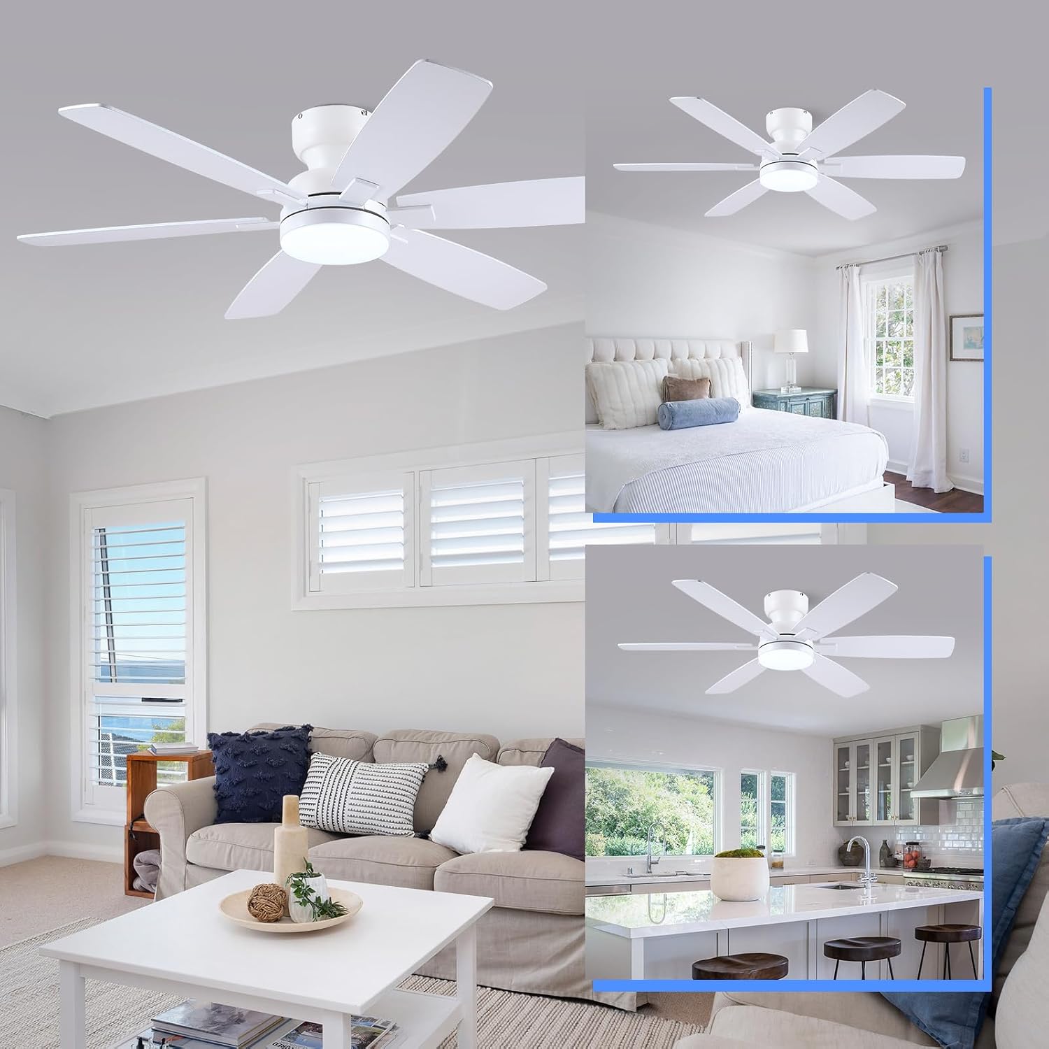 Image illustrating the reversible rotation feature of the ceiling fan. One side shows blue arrows indicating downward airflow for summer cooling, and the other side shows orange arrows indicating upward airflow for winter air circulation.