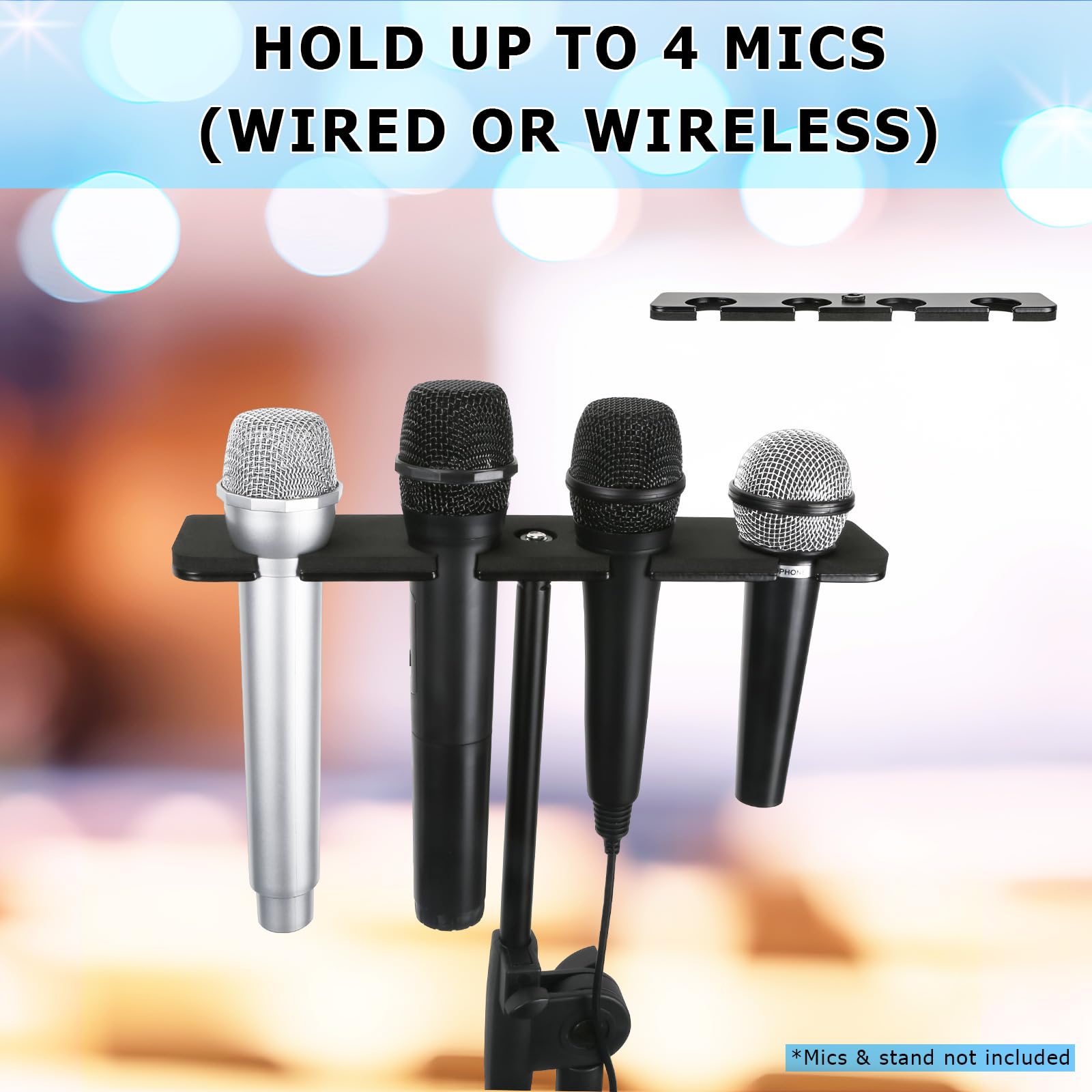 Multi Mic Holder for Mic Stand, Multiple Microphone Organizer and Display for Wired and Wireless Mics, Hold Up to 4 Microphones, Aluminum, Black