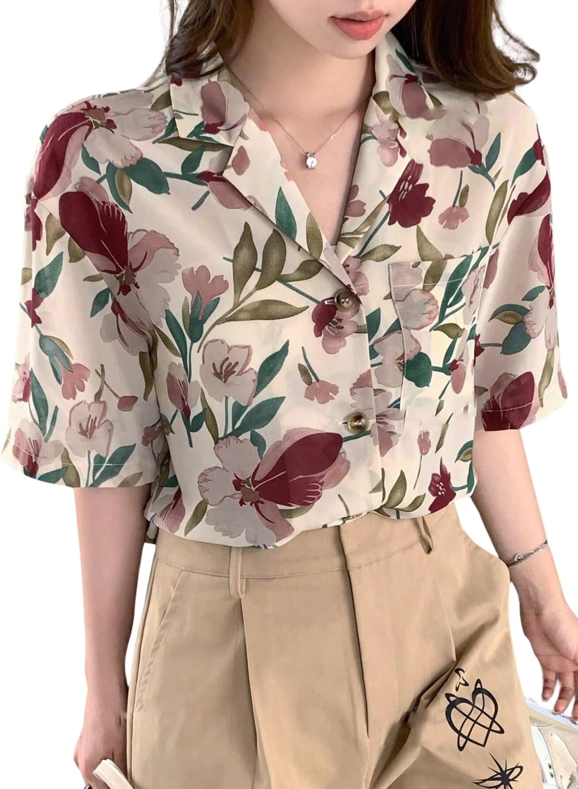 Leriya Fashion Women's Floral Print Summer Shirt| Short Sleeve Button Down Casual Blouse| Lightweight Beach Vacation Top for Women