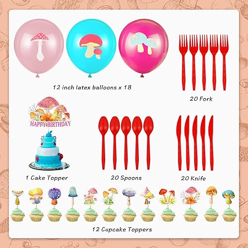 Miniatura 4 de Sotiff 163 decoraciones de fiesta de cumpleaños de hongos, decoraciones de fiesta de hongos, incluye pancarta de cumpleaños de hongos, globos,