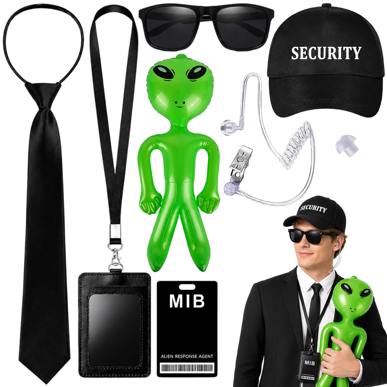 Men in Black Costume Accessories, Halloween Costumes, 7 PCS Agent Costume Accessories Set with Hat Sunglasses Walkie-Talkie Cord Tie Card Case Name Tag & Balloon, for Carnival Halloween Party Cosplay