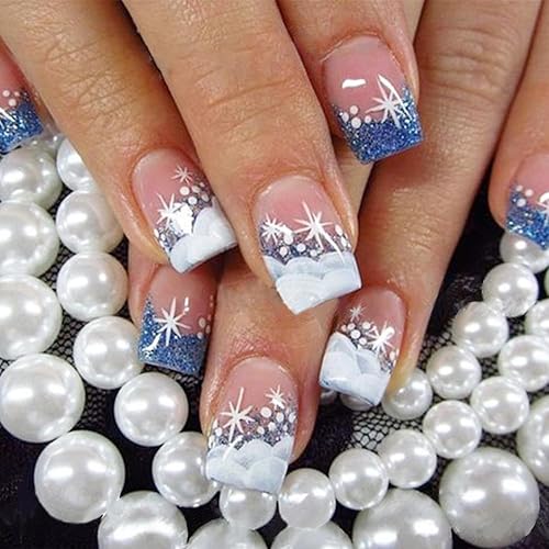 24Pcs Sutaozhi Winter Fake Nails - Blue White Glitter French