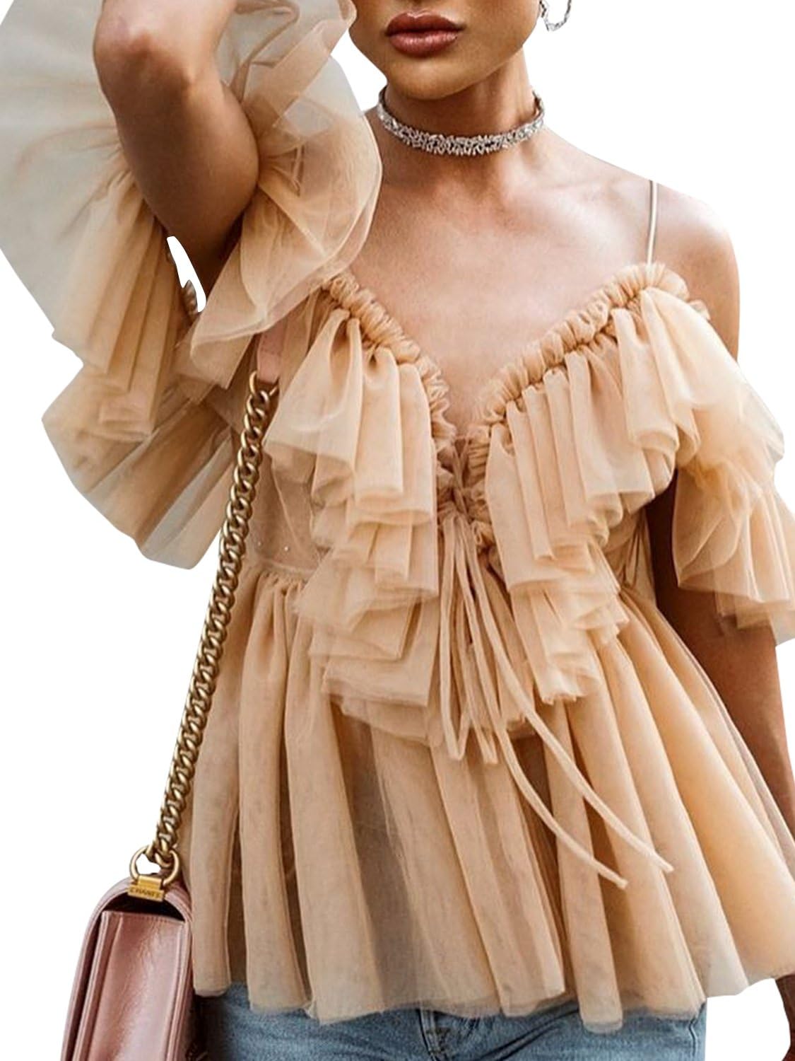 Simplee Women's Off Shoulder Sexy Ruffle Deep V Neck Blouse Shirt Lace Up Top (Nude 10)