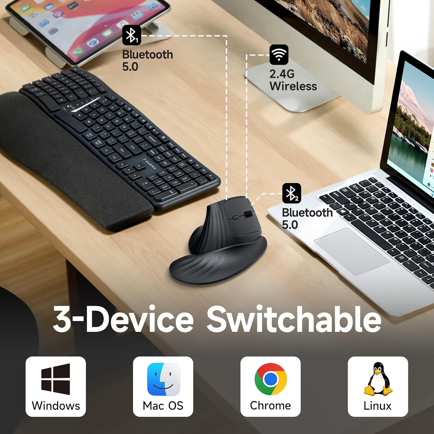 SANWA Wireless Ergonomic Mouse for Large Hands, Silent Click Vertical Mice with Removable Wrist Rest, 1000-4000 DPI, 3-Device (2.4G + 2 Bluetooth 5.4), Compatible with Mac, Windows, Laptop, PC, Black