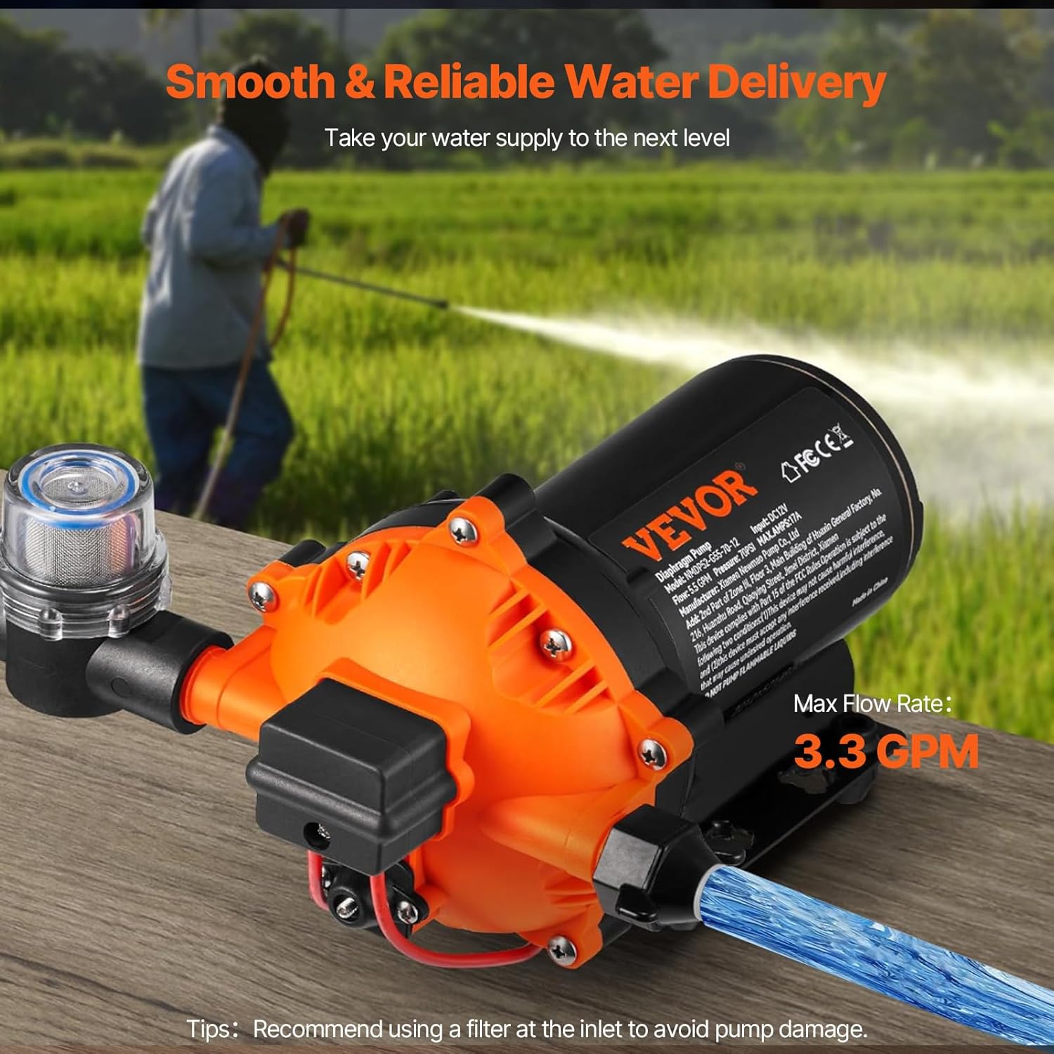 VEVOR Water Pressure Diaphragm Pump, RV Water Pump, Fresh Water Pump110V AC, 3.3 GPM, Pressure Adjustable, Self Priming Sprayer Pump with Pressure Switch for RV Camper Marine Boat Lawn, FCC Certified