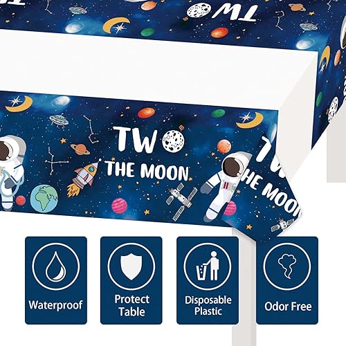 Miniatura 2 de 71 piezas de decoración de cumpleaños de Two the Moon, mantel del espacio exterior, cubiertos de 2 lunas, cucharas, tenedor, cuchillo, platos,