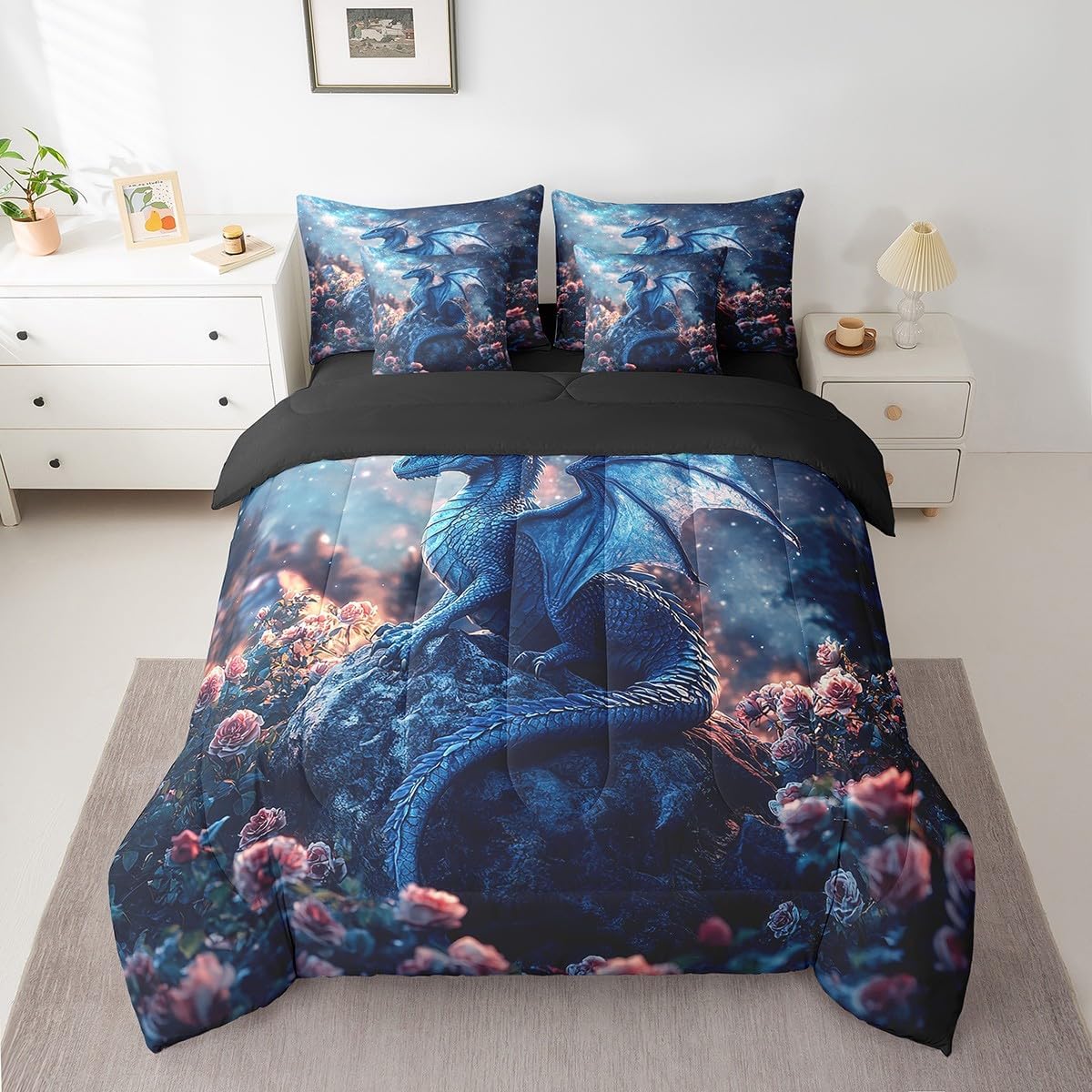 Erosebridal Queen Dragon Comforter Set 7 Piece,Kids Boys Cartoon Dragon Bed in A Bag with Sheets Western Fantasy Dragon Bedding Set for Teen Men,Galaxy Magical Animal Bed Set with Pillow Covers