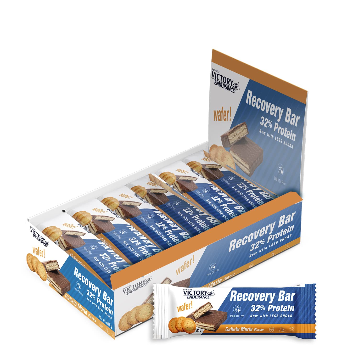 Victory Endurance Recovery Bar (12x50g) Biscuit Flavour; Chocolate Coated Wafer Bar for Post-Training Recovery with 32% Proteins; Palm Oil Free, Low Sugar