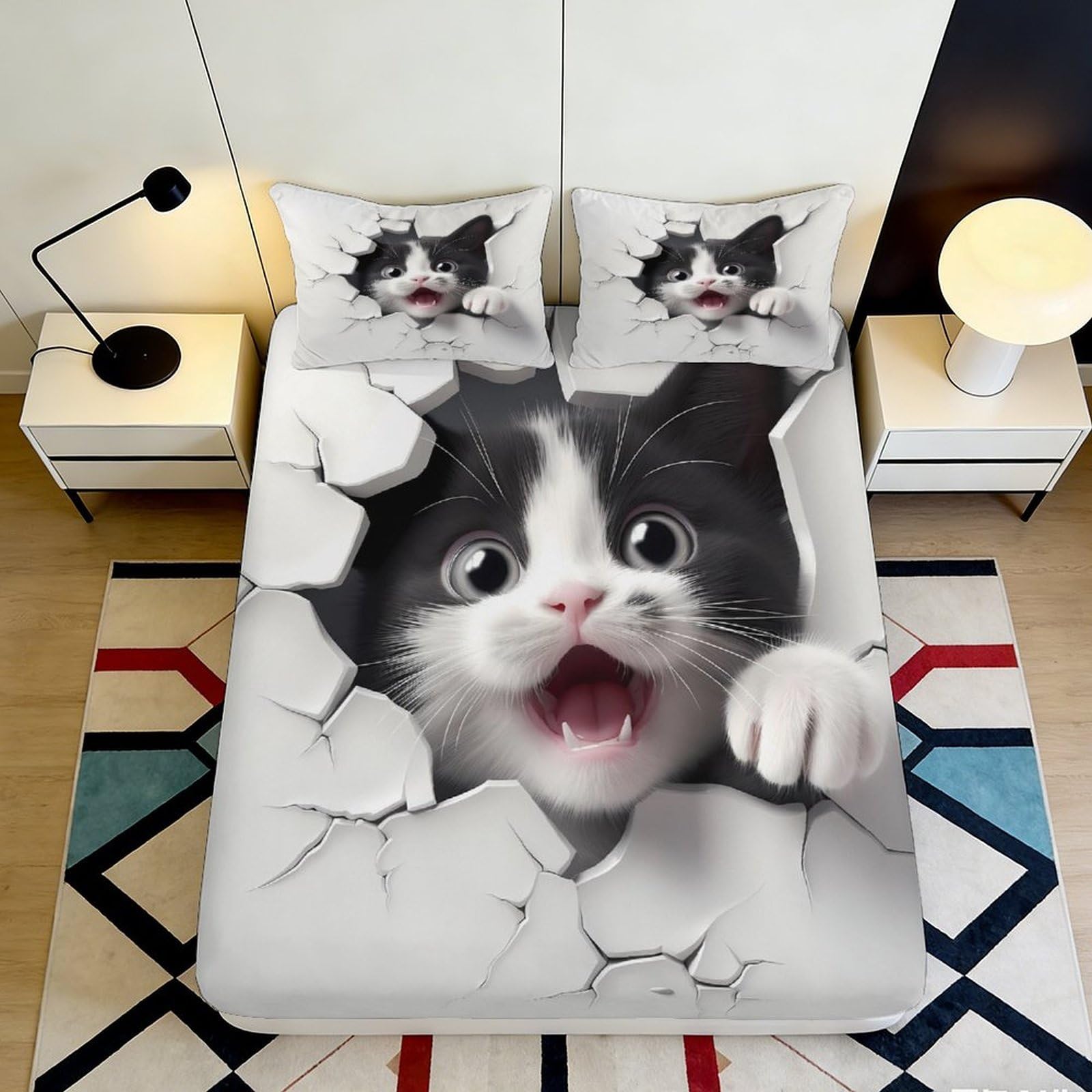 3D Printed Cute Cat Fitted Sheet Microfiber Soft Breathable 3D Printed Playful Kitten Bed Cover for Bedroom Dormitory Guest Room Mattress Protection Decor 180x200x25cm